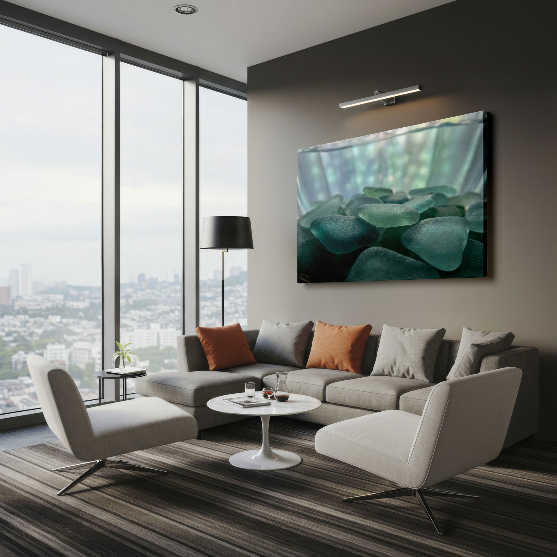 Tranquil sea glass Wrapped Canvas art, soft blues create a calming coastal home ambiance.