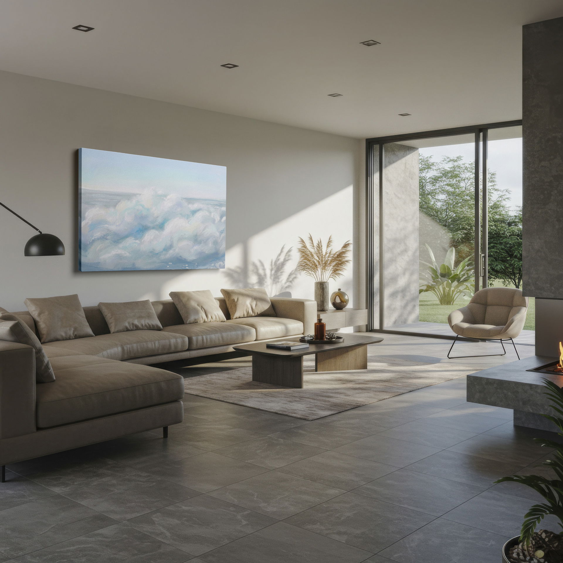 Pastel-colored wall art of a gentle ocean wave creates a peaceful atmosphere for your living space.