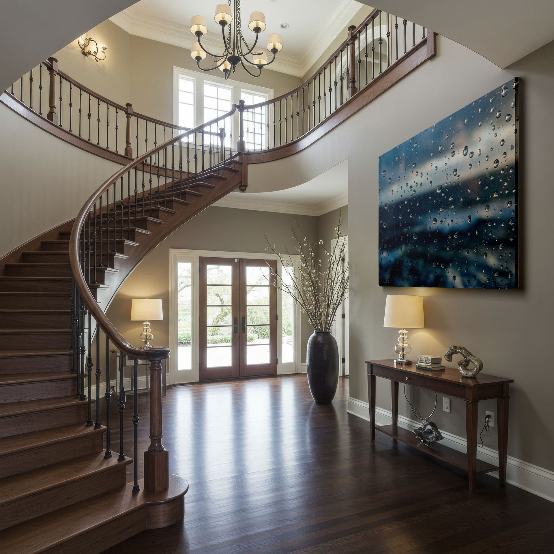 Detailed view of rain drops artfully dispersed across a window, an abstract home decor canvas print.