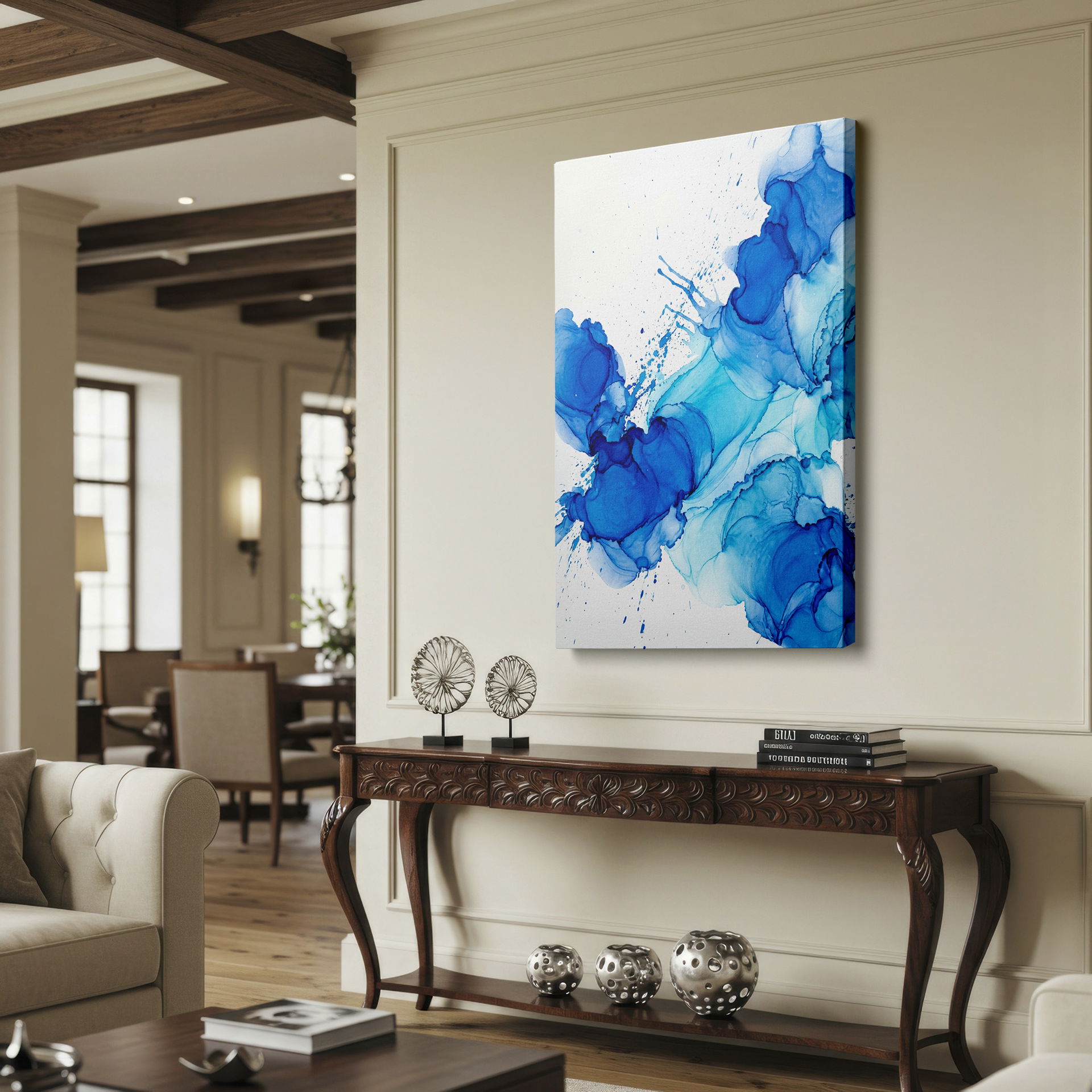 Abstract blue wall art featuring a dynamic swirl on canvas, creating a focal point for interior design.