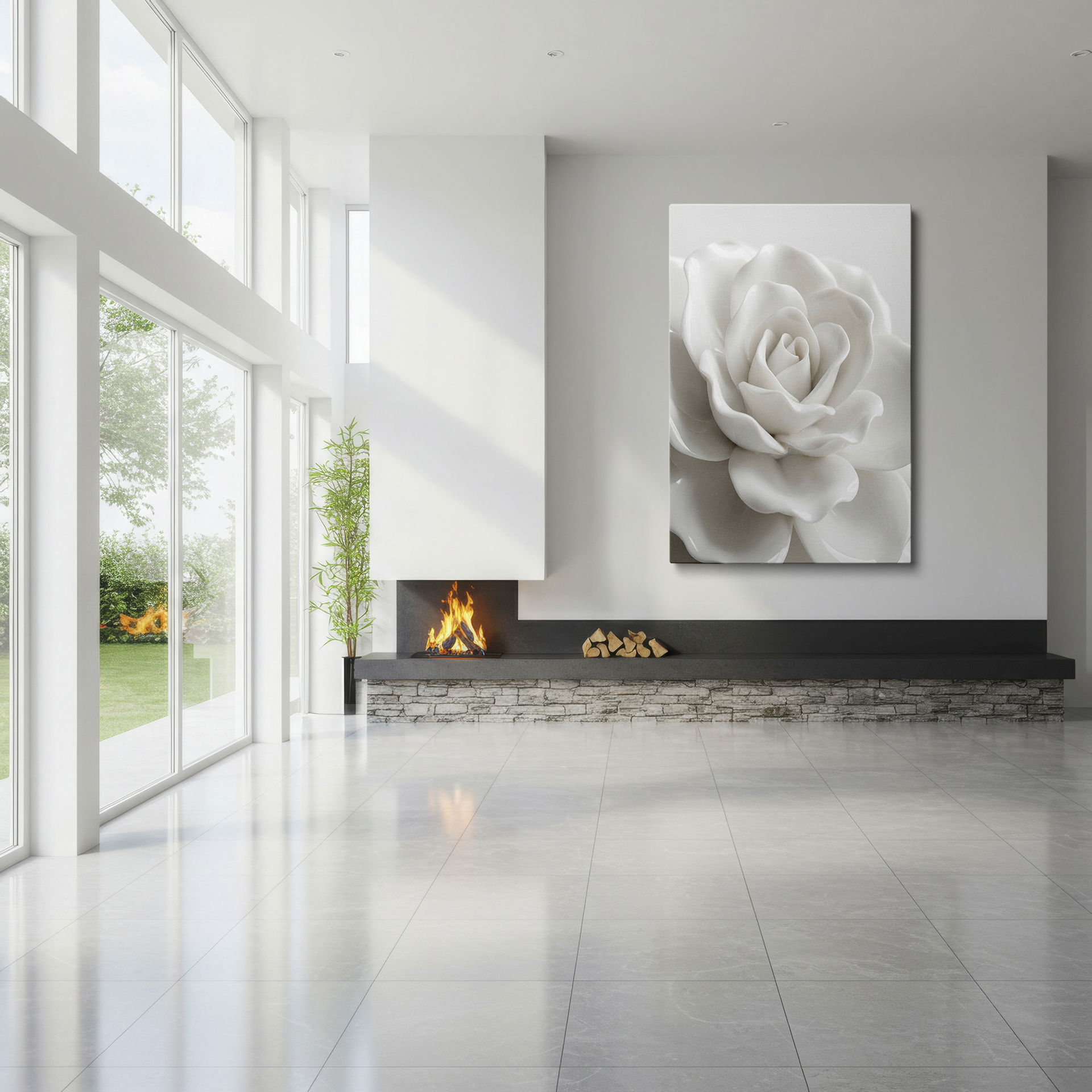 Detailed pristine white rose showing its intricate petals on Wrapped Canvas art.