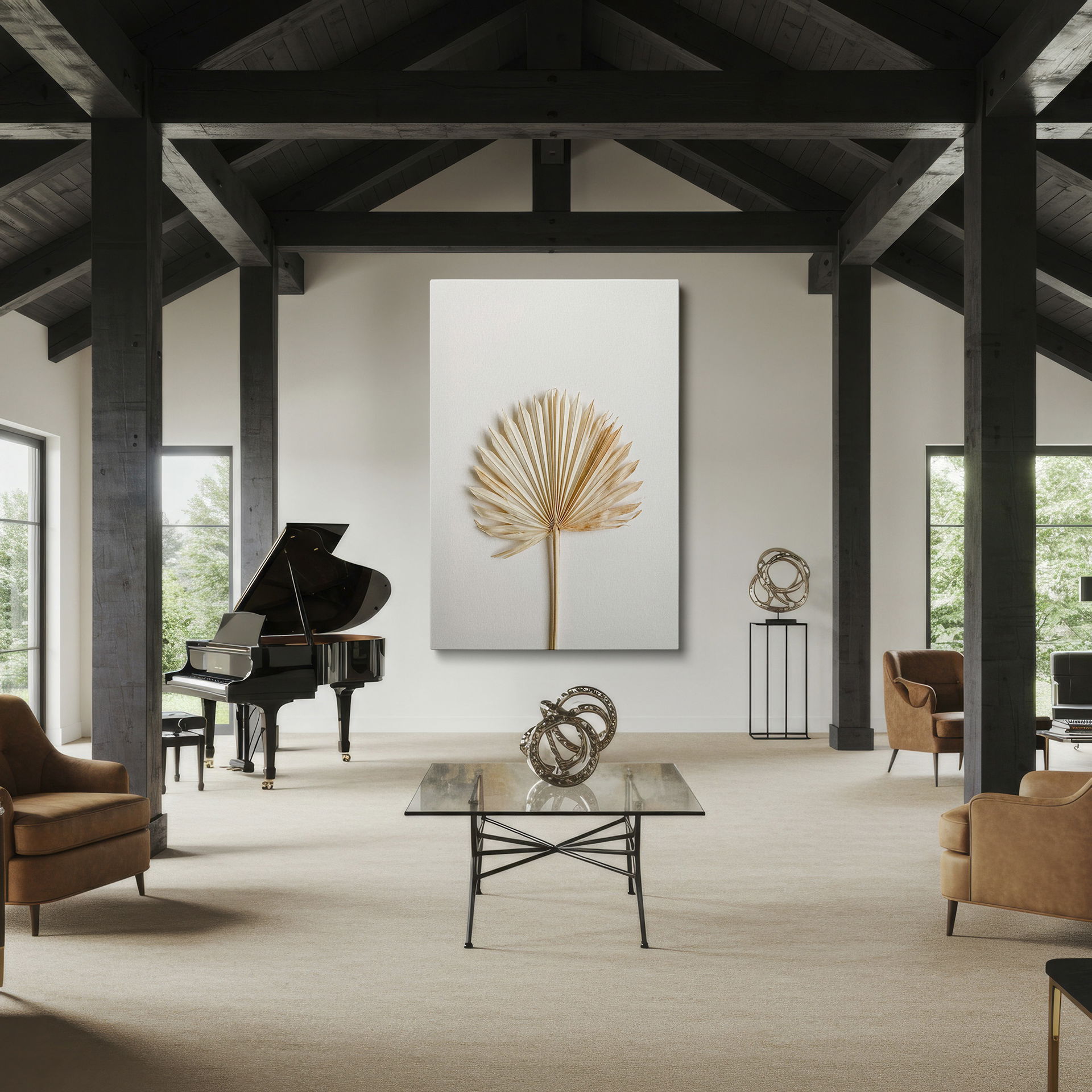 Simple botanical wall decor featuring a dried palm leaf, offering a serene and natural aesthetic.