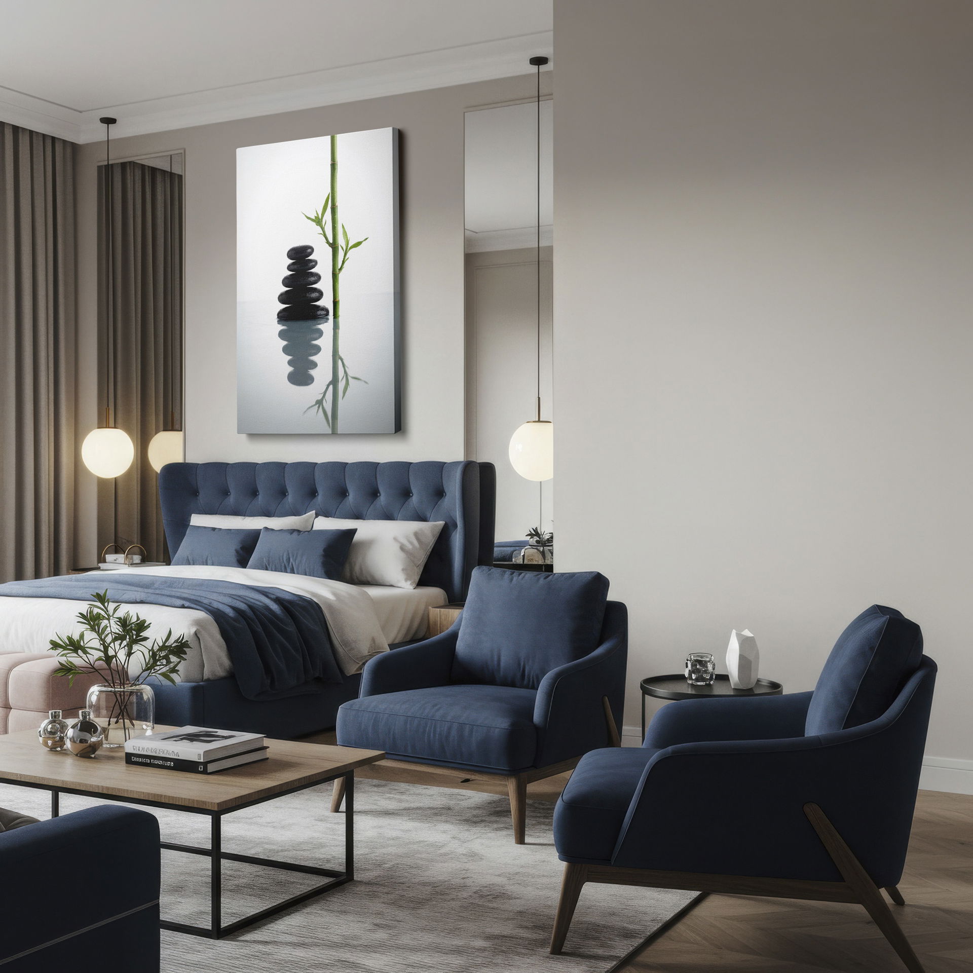 Zen Stones and Bamboo Wrapped Canvas art evokes serenity, showcasing balanced elements from nature.
