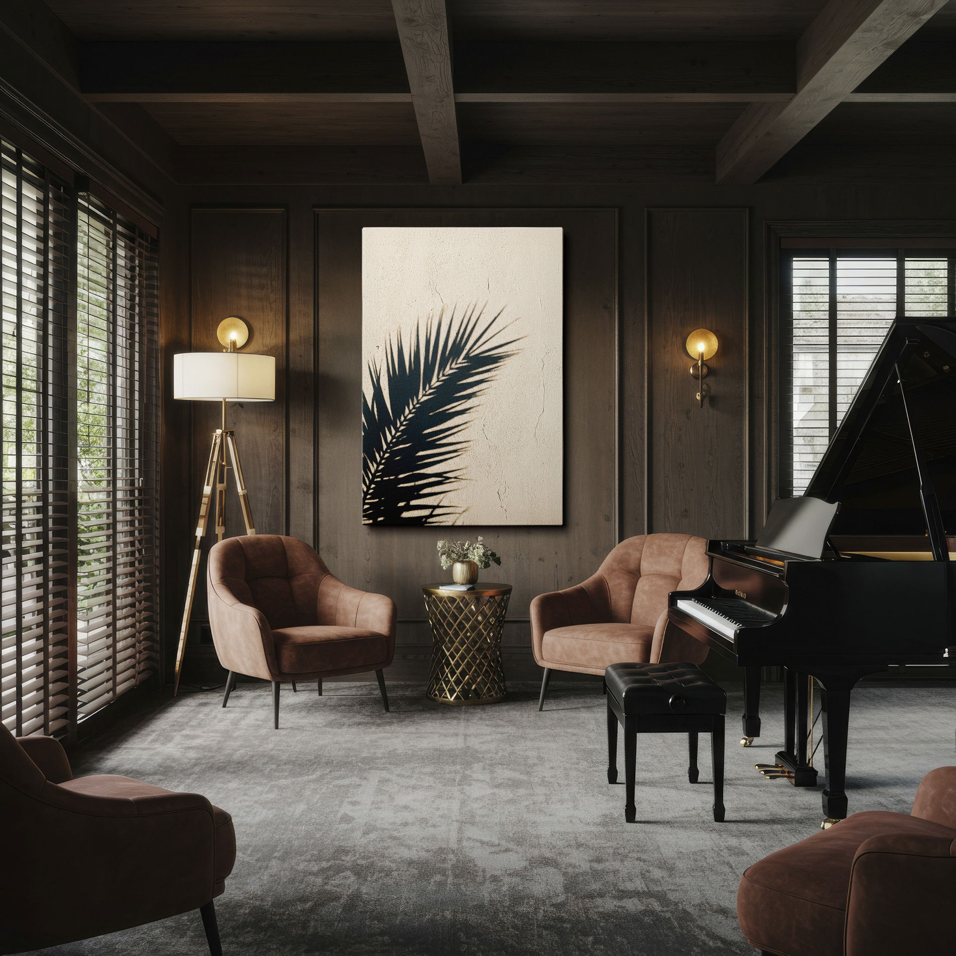 Shadowy palm leaf silhouette against a beige wall creates a stylish Wrapped Canvas.