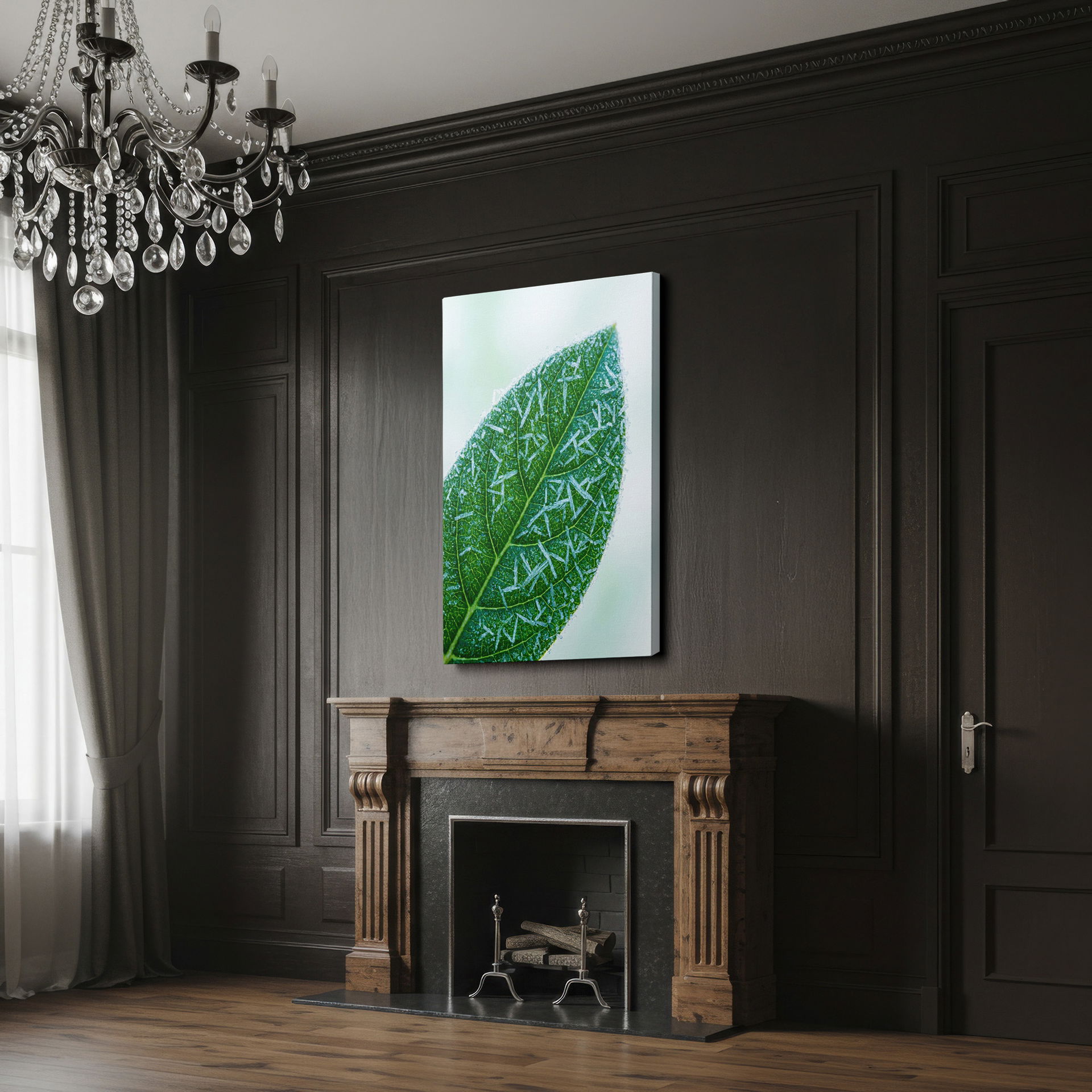 Detailed view of ice crystals covering a leaf, creating a mesmerizing Wrapped Canvas for any space.