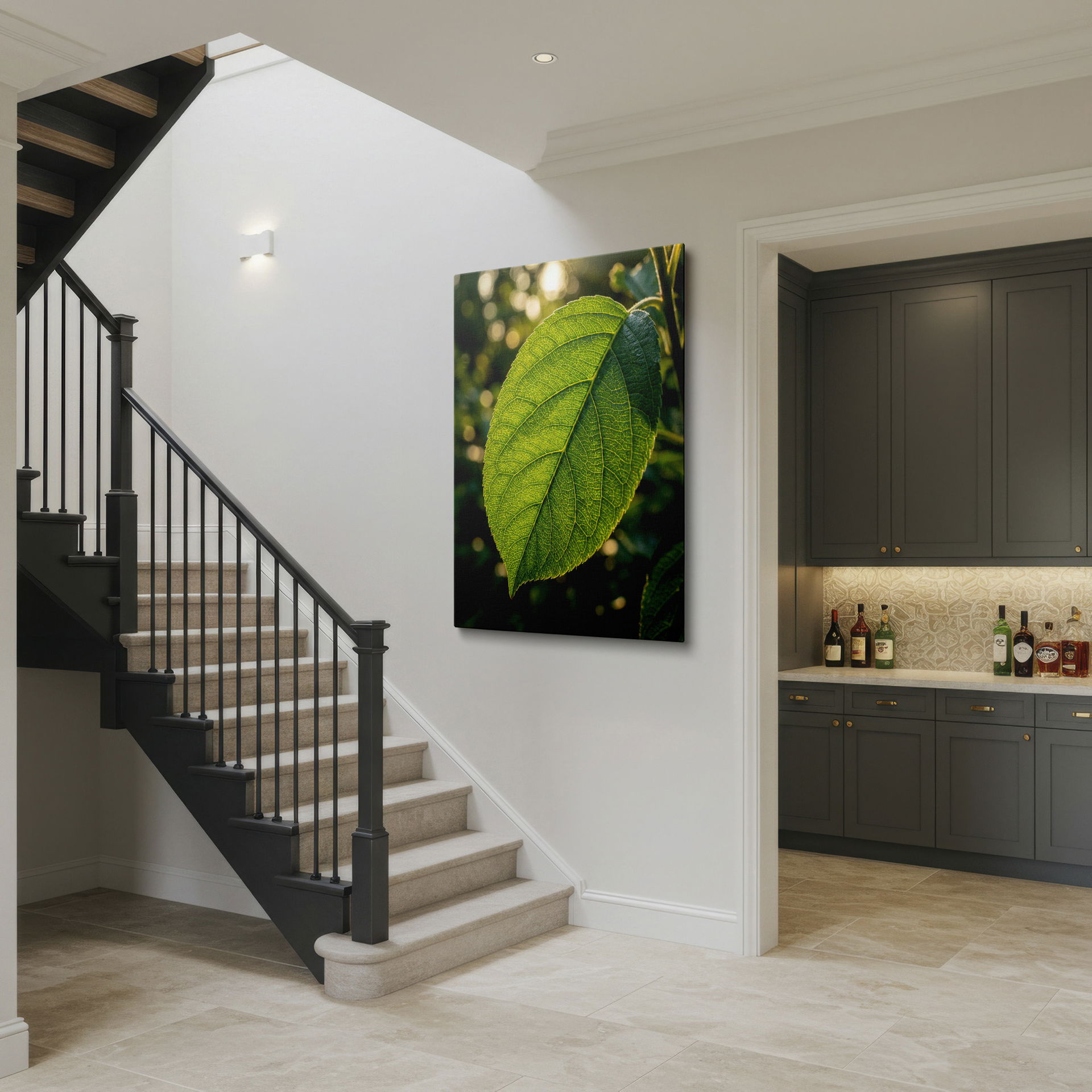 Detailed close-up of a translucent green leaf, showcasing its intricate veins. A green botanical design for wall art.