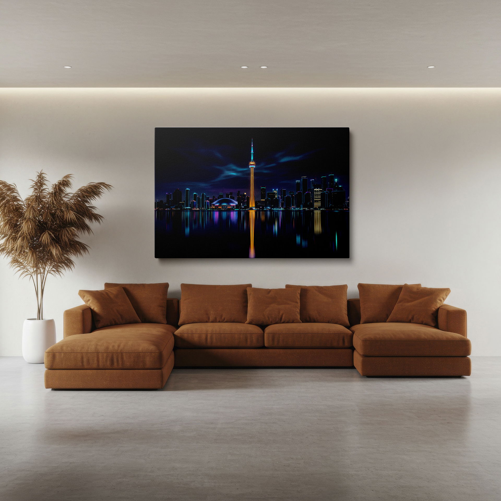 The CN Tower and Toronto skyline canvas print shines beautifully at night.