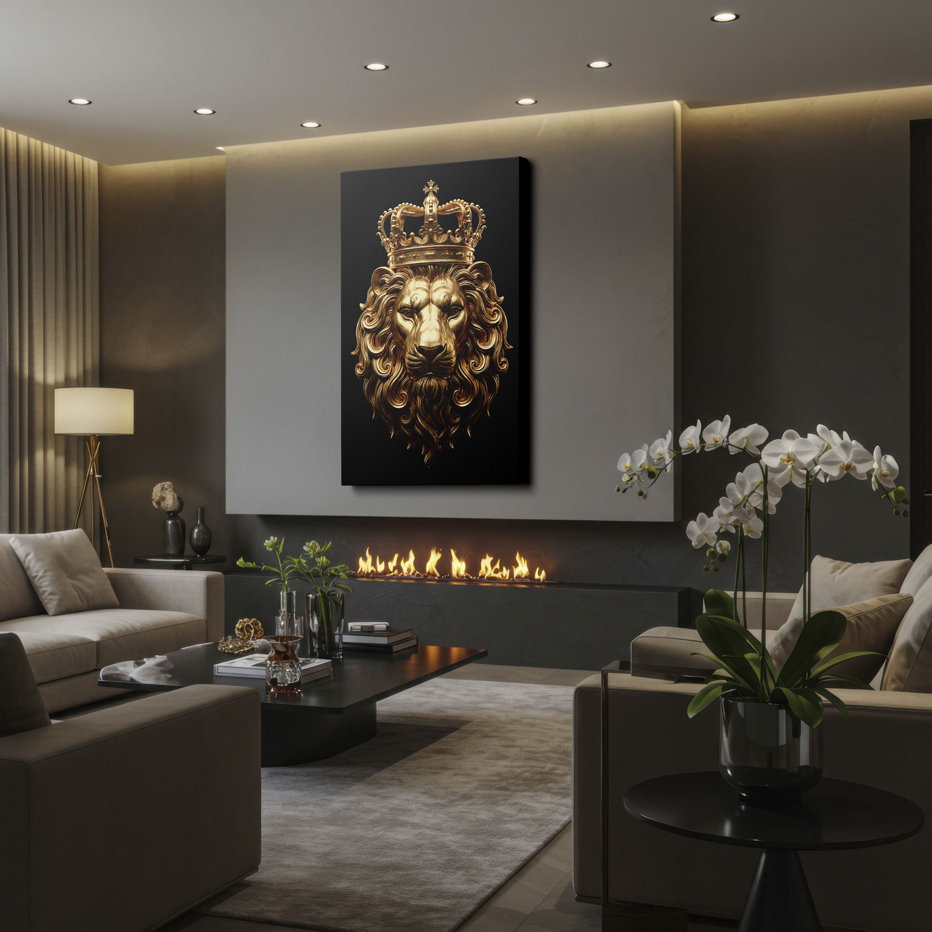 Wrapped Canvas showcasing a majestic golden lion with an ornate crown against a black background, embodying power.