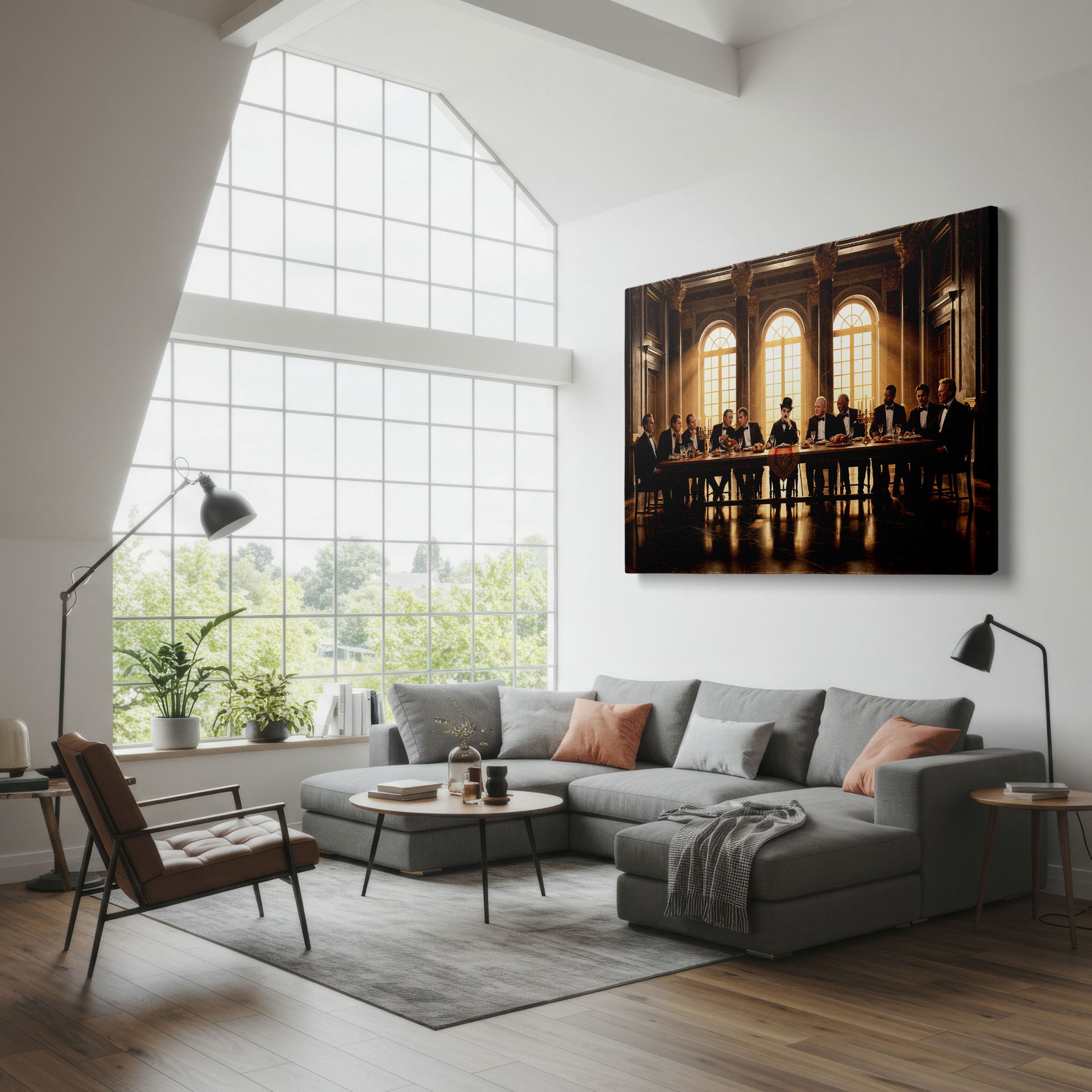 Classic cinematic figures dining together, depicted in this high-quality Wrapped Canvas.