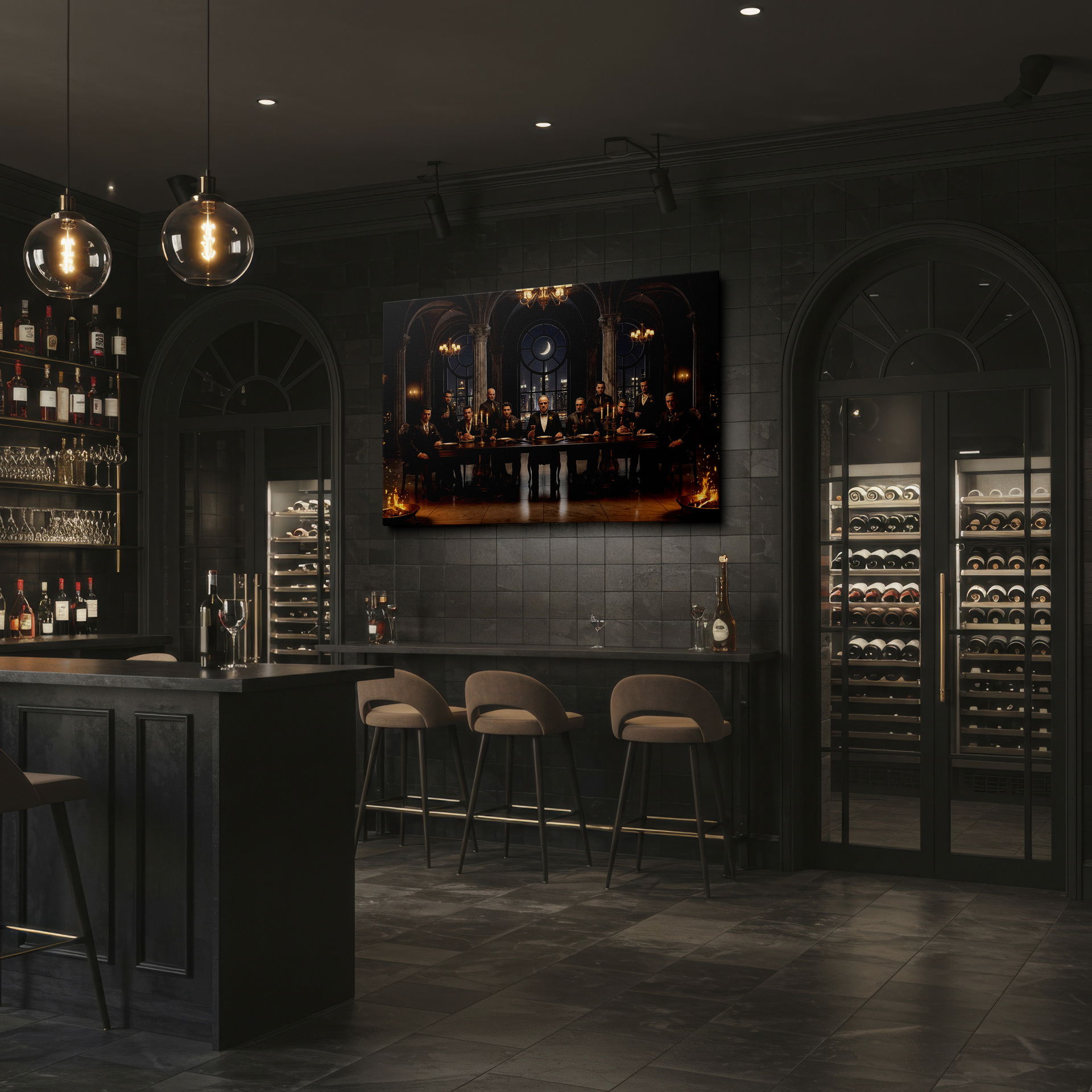 Wrapped Canvas print of a dramatic mafia gathering, highlighted by a gothic backdrop and moonlit sky.