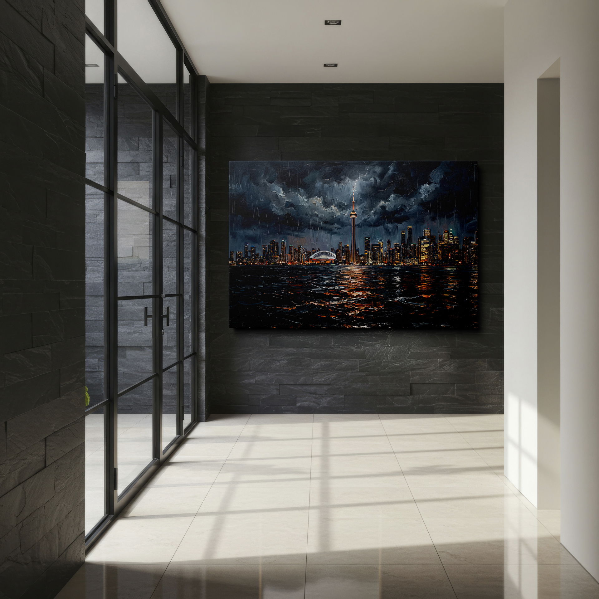 Moody Wrapped Canvas print: Toronto skyline featuring the CN Tower under a dark, rainy sky.