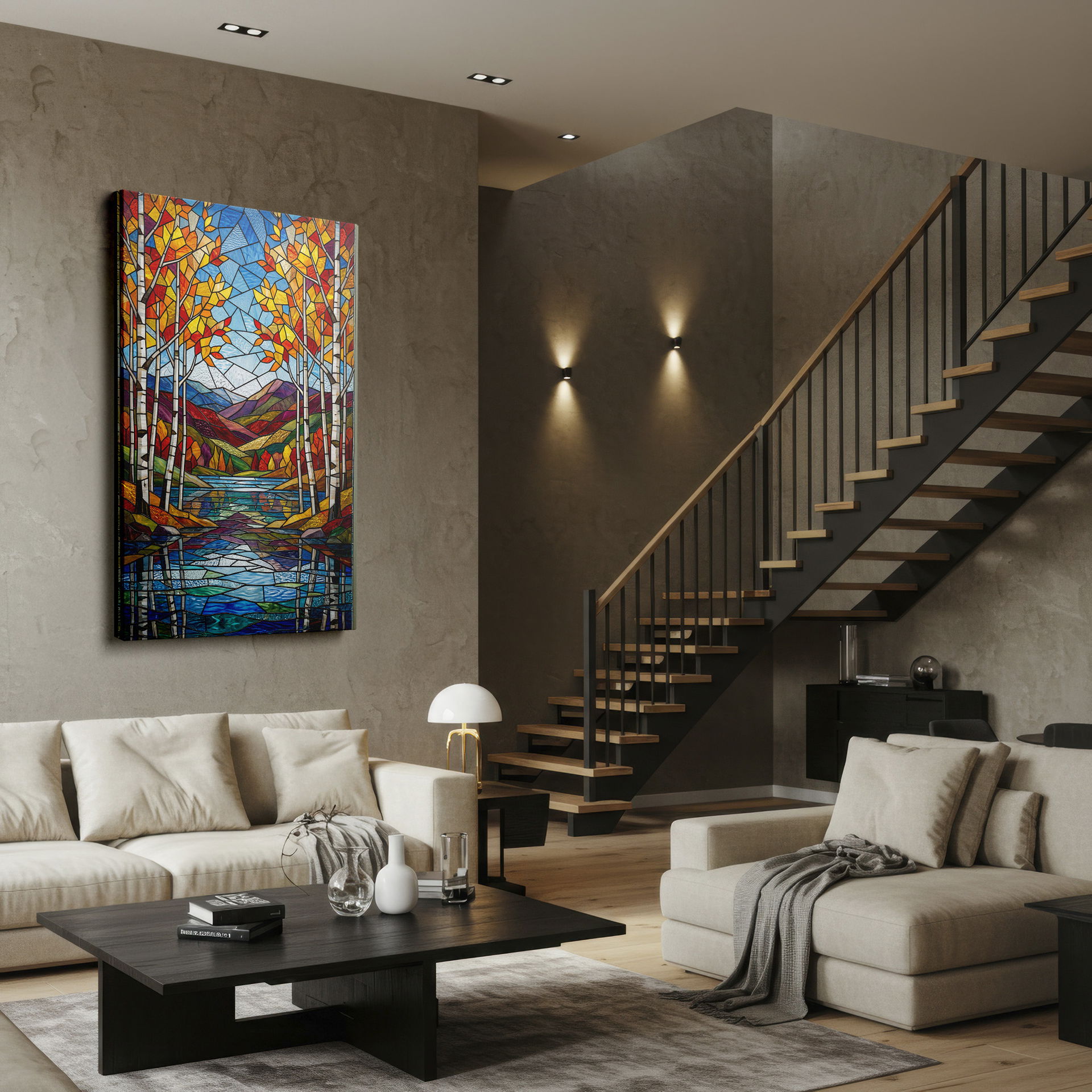 Wrapped Canvas of a stained glass forest landscape reflecting on a still lake.