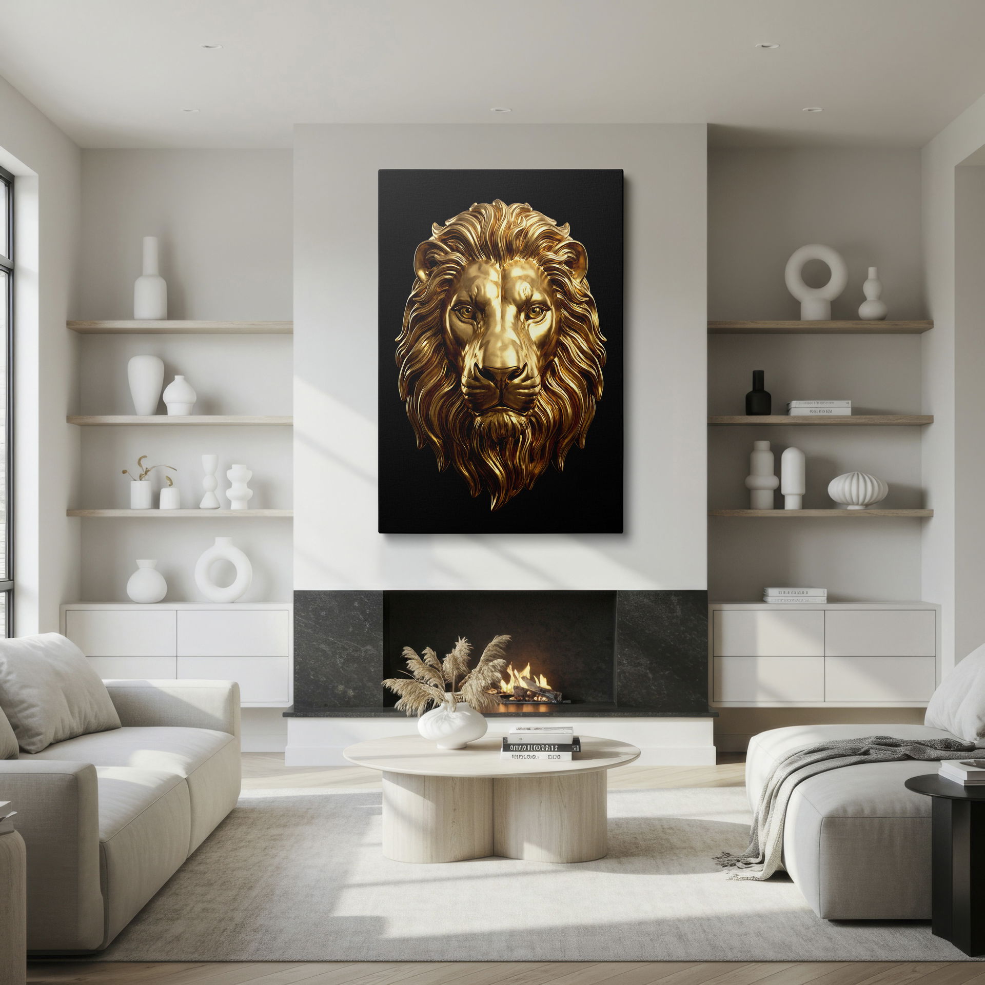 Intricate golden lion image; a powerful animal wall art piece on canvas, set against black.