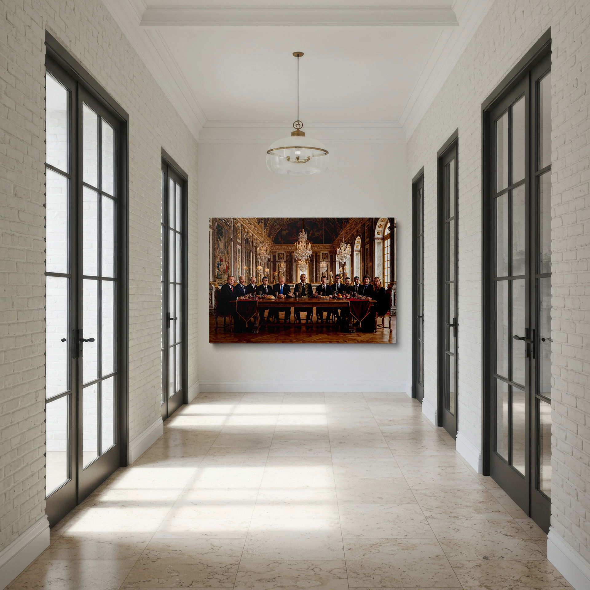 Elegant wall decor featuring a formal dinner with global leaders.