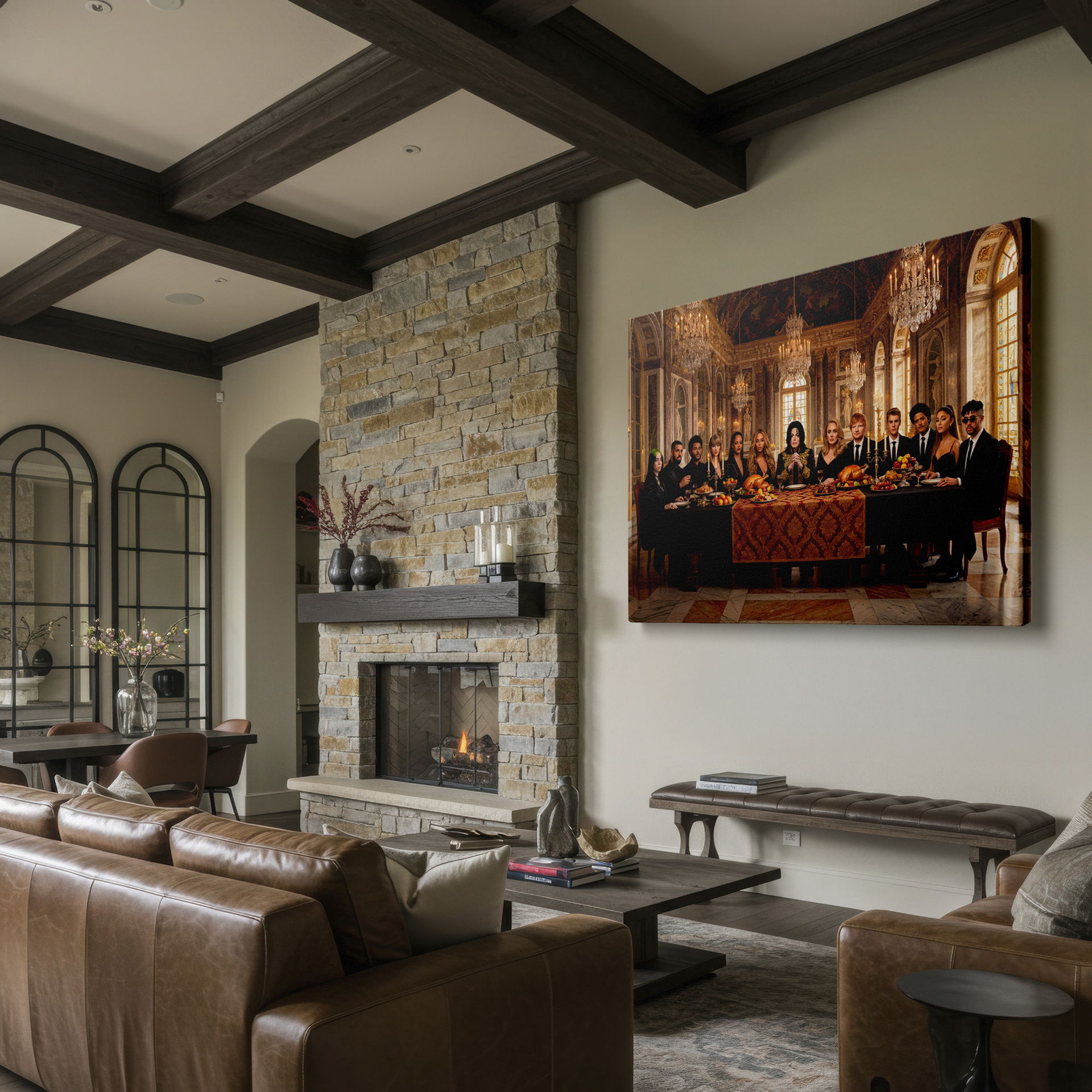Wrapped Canvas art showing music legends in an ornate dining scene.