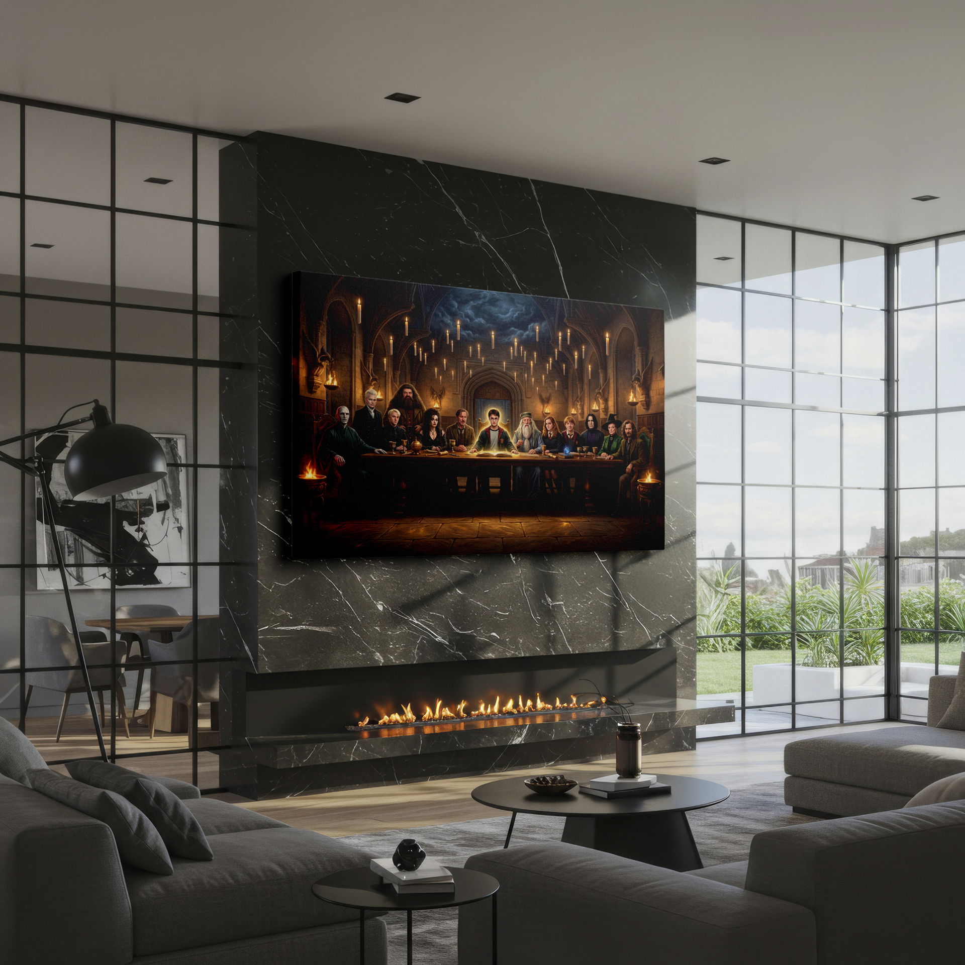 Dramatic Wrapped Canvas of 'Harry Potter's Last Supper' in a candlelit hall.