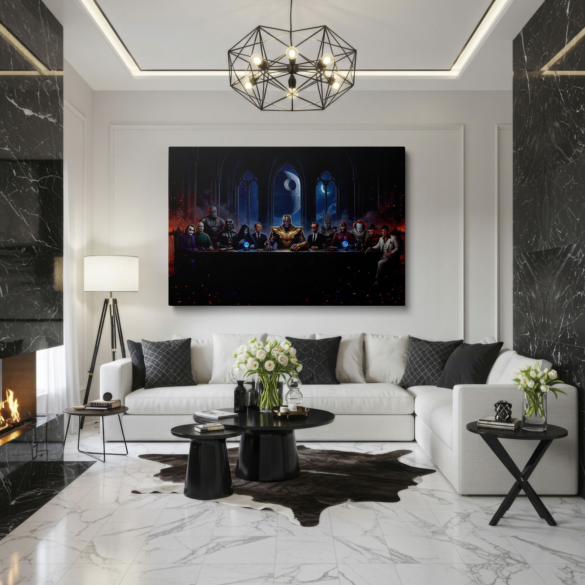 Gothic wall art featuring cinematic villains around a table, adding dark pop culture to your home wall decor.