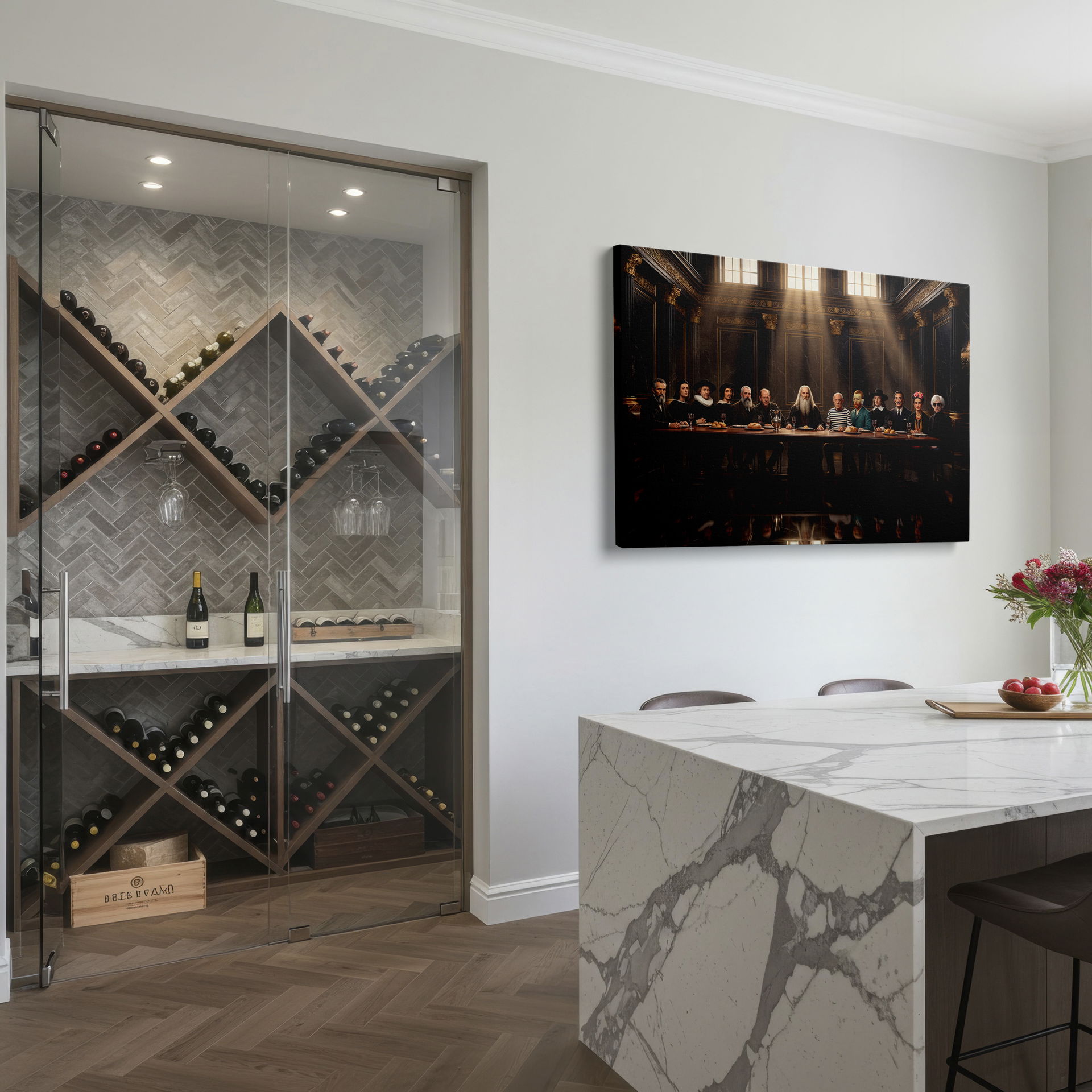 Wrapped Canvas shows renowned artists gathered for the Last Supper in a majestic hall.