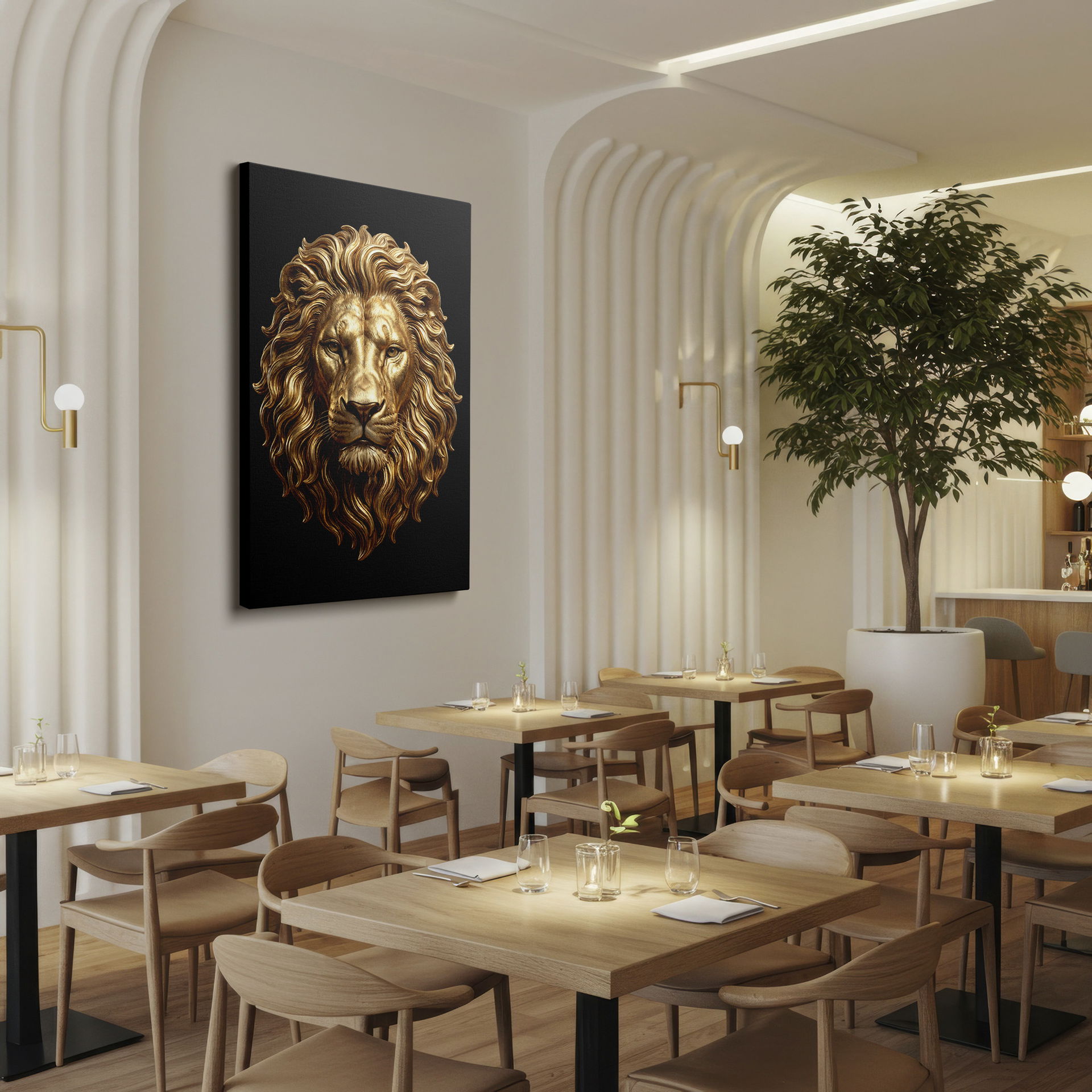 Golden lion head wall art, detailed mane against black. Perfect for adding a majestic touch to your space.