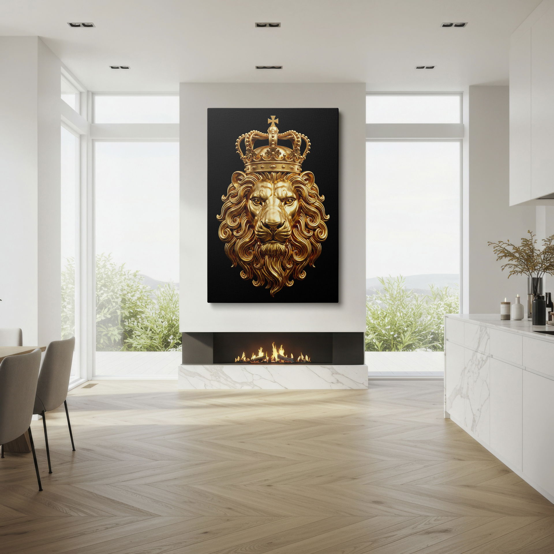 Ornate golden lion with crown wall art. Black backdrop highlights intricate details. Statement wall decor.