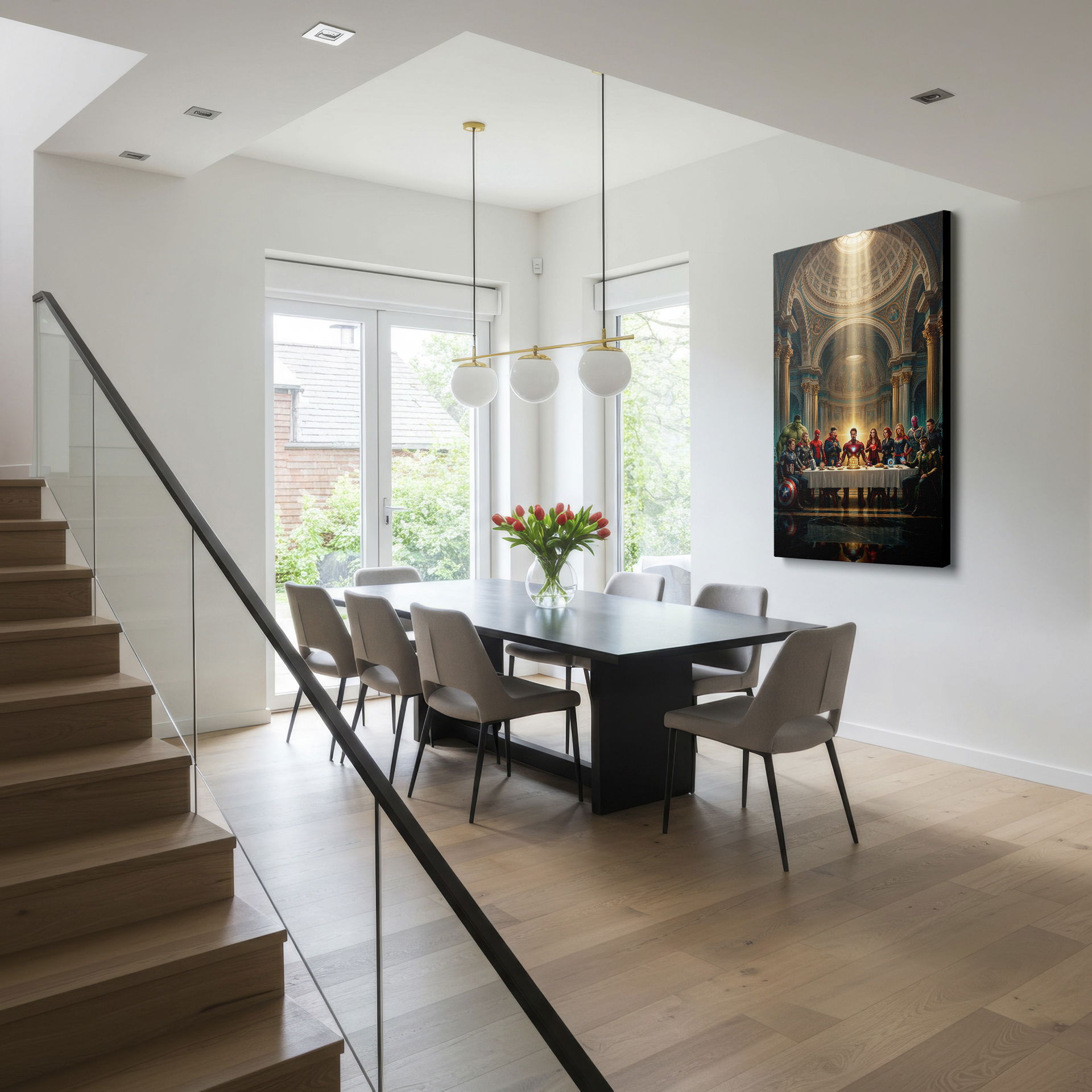 Avengers Last Supper shown as Wrapped Canvas, iconic characters in a classical setting. Perfect wall art for Marvel fans.