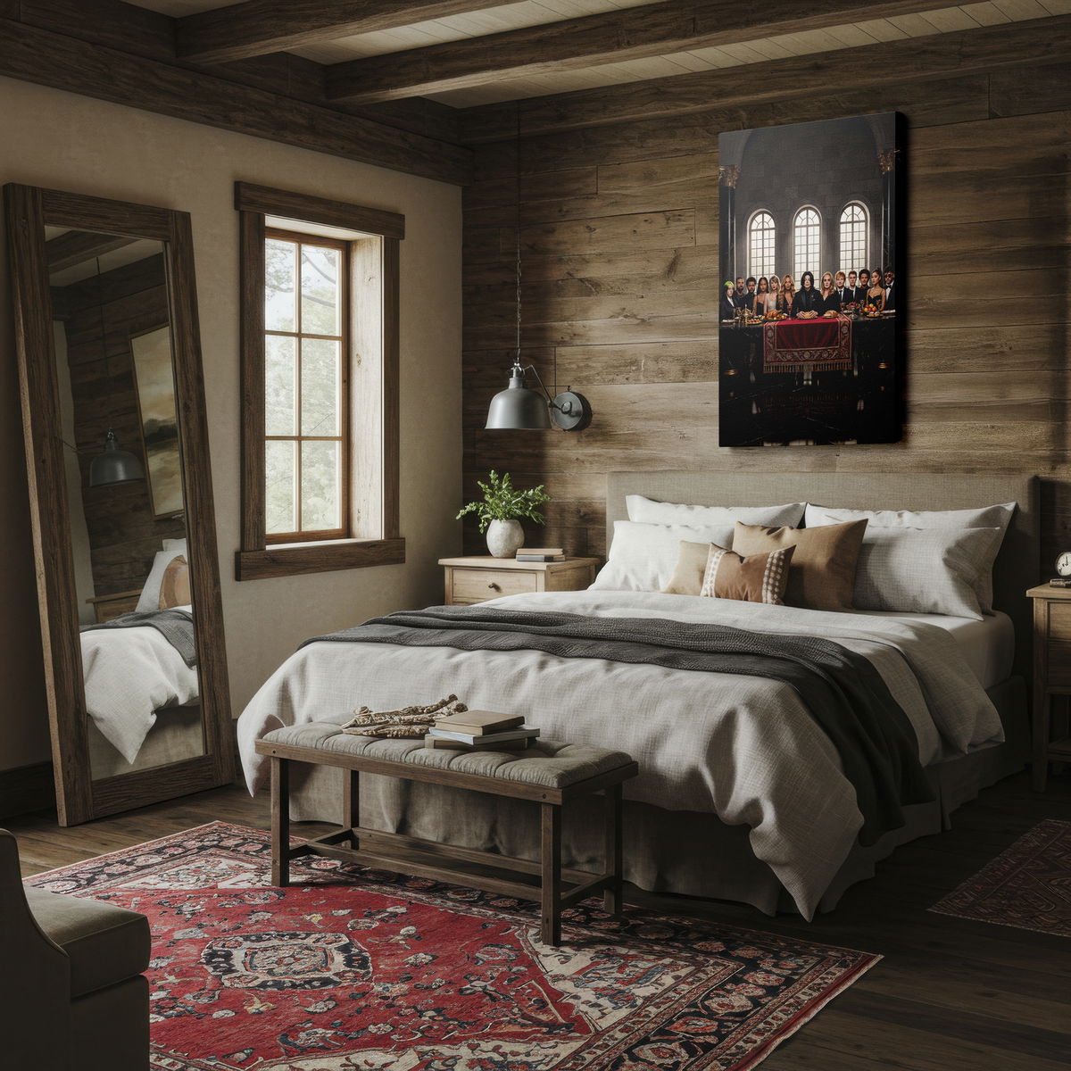 Vibrant stained glass wall art capturing autumn trees and their lake reflection.