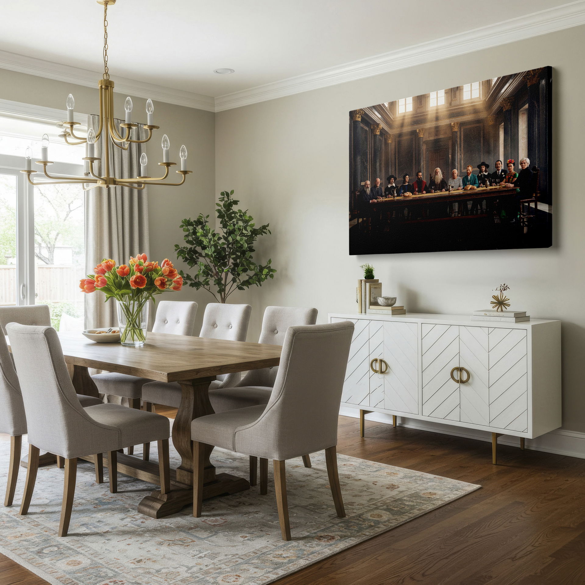 This wall decor presents historical artists together at a table in a contemporary artistic interpretation.