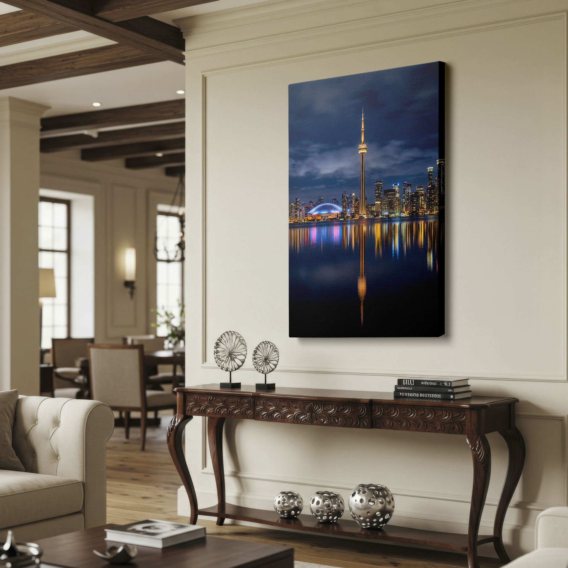 Cityscape wall art showcasing Toronto's CN Tower and illuminated skyline mirroring on the lake, a captivating piece of wall decor.
