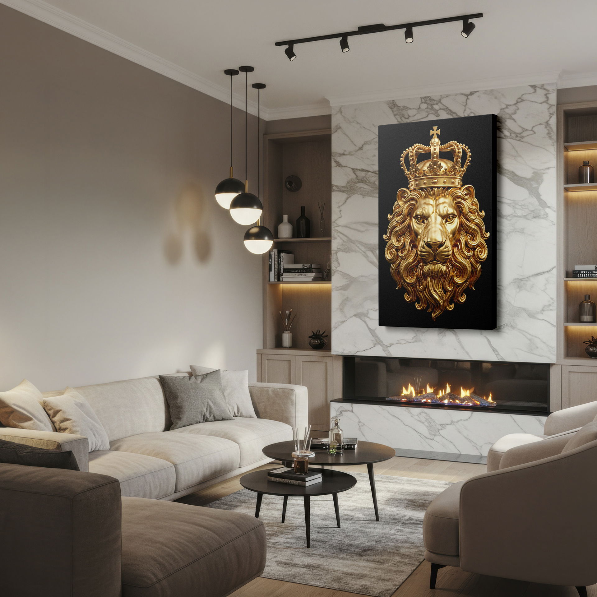 Detailed golden lion wearing a crown, set against black, adds a regal ambiance to your wall decor.