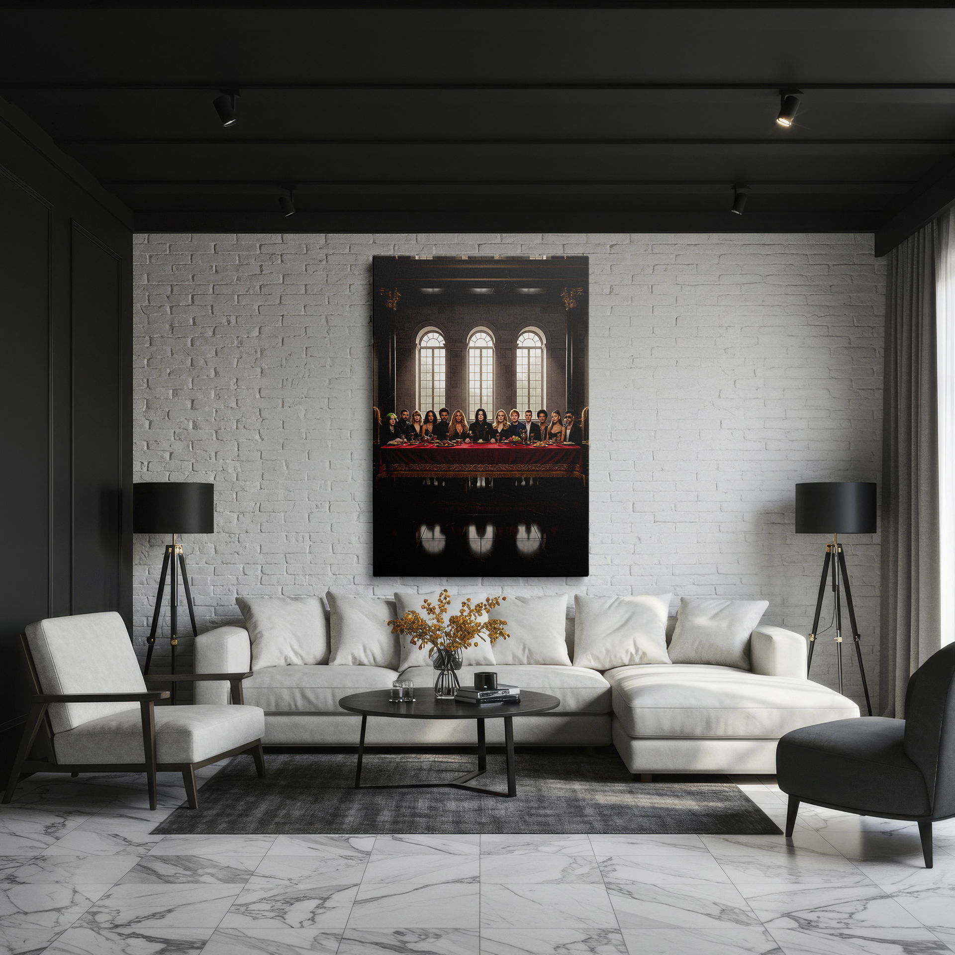 A canvas wall art presents a contemporary 'Last Supper' with celebrated musicians and singers.