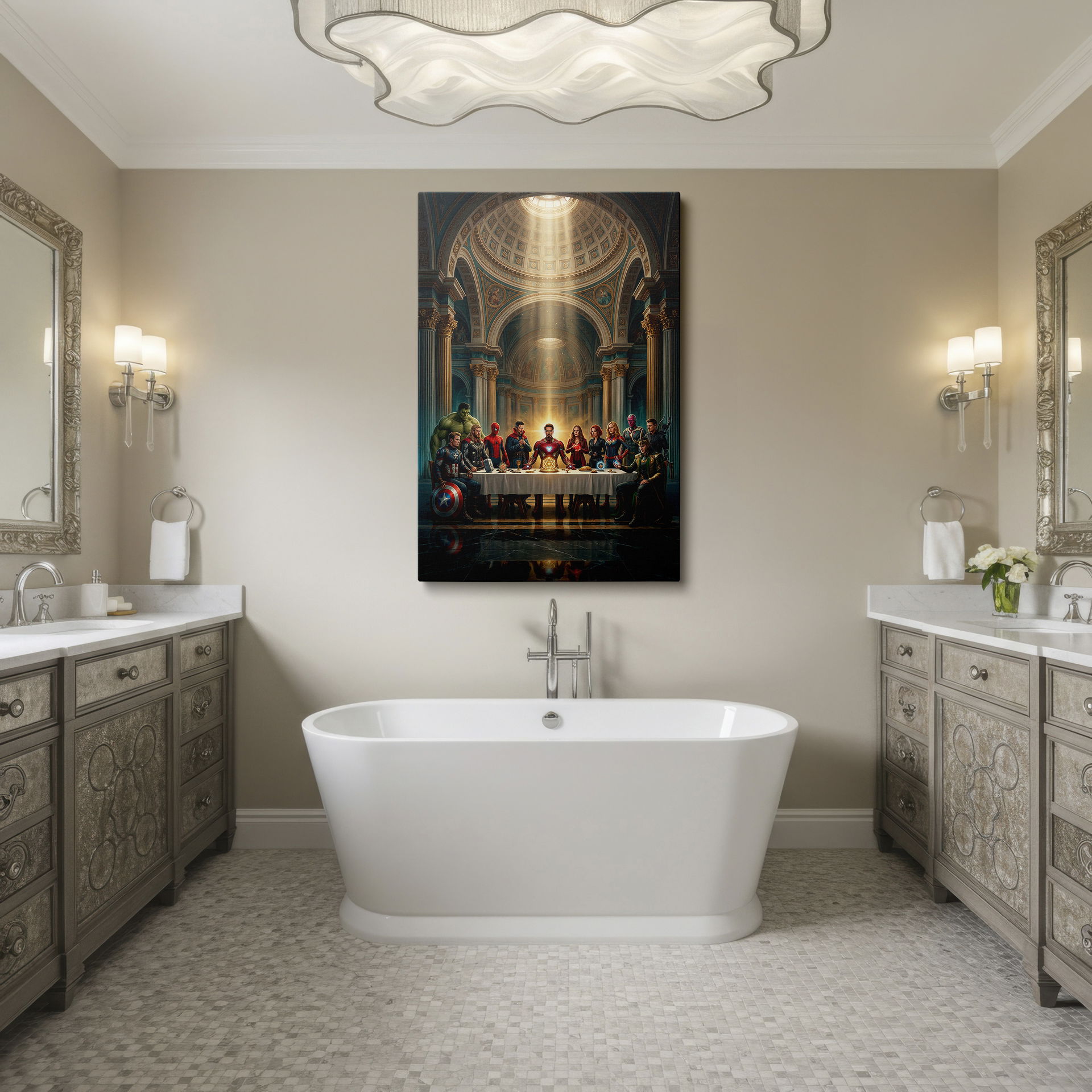 The detailed wall decor captures superheroes gathered in a 'Last Supper' tableau.