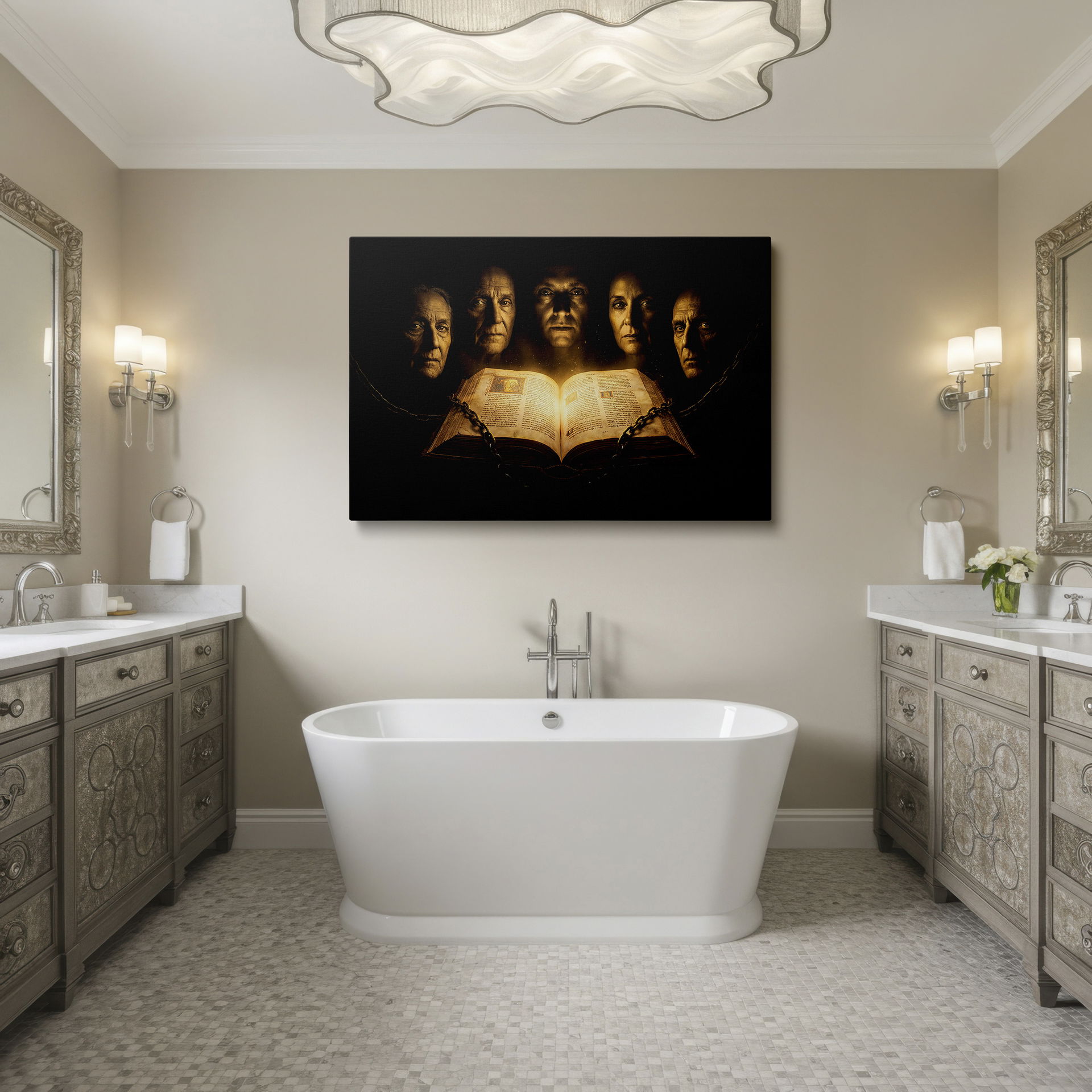 Enigmatic canvas wall art showcases faces above a chained, glowing book in a dark academia setting.