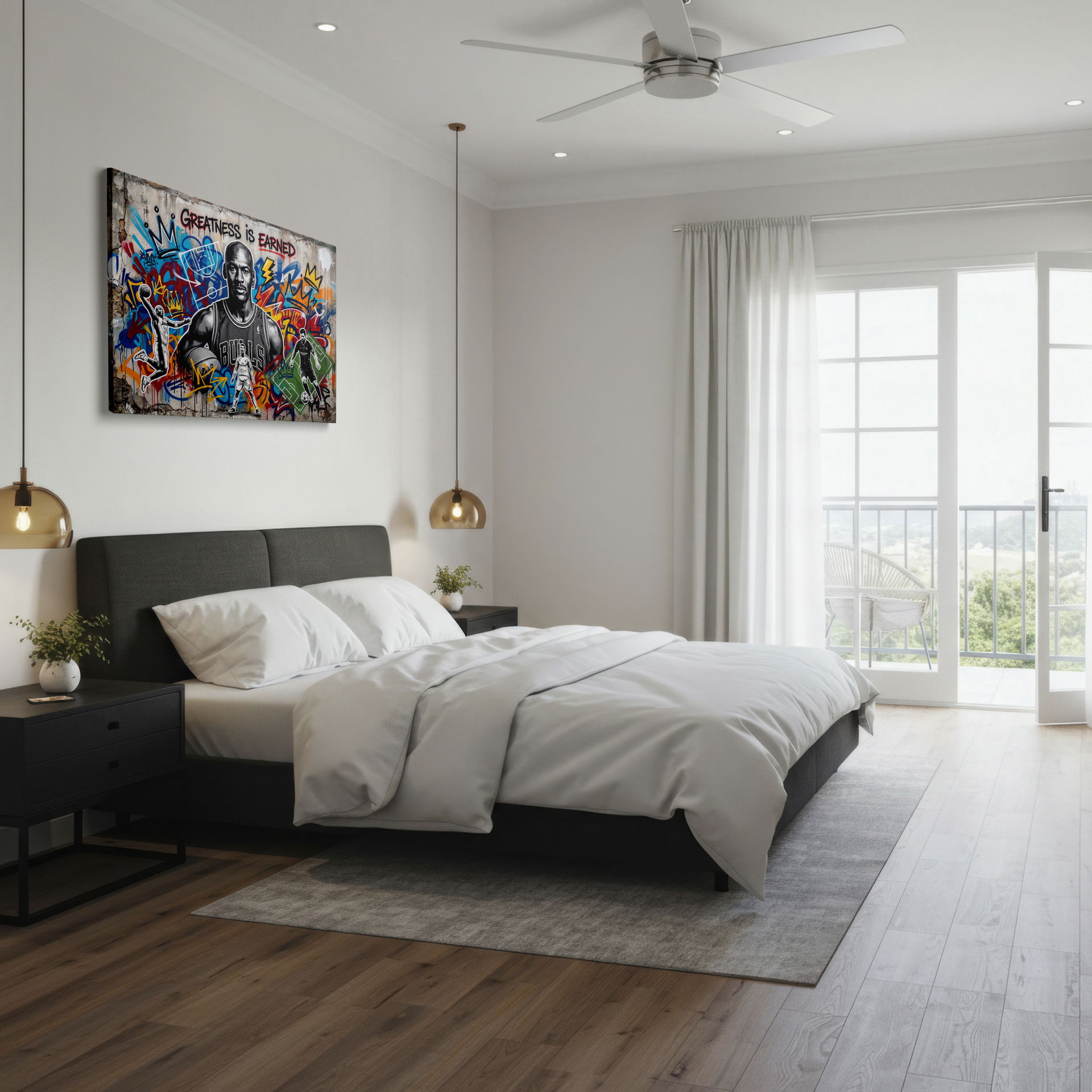 Graffiti style art piece of Michael Jordan alongside other athletic heroes, a perfect wall art selection.