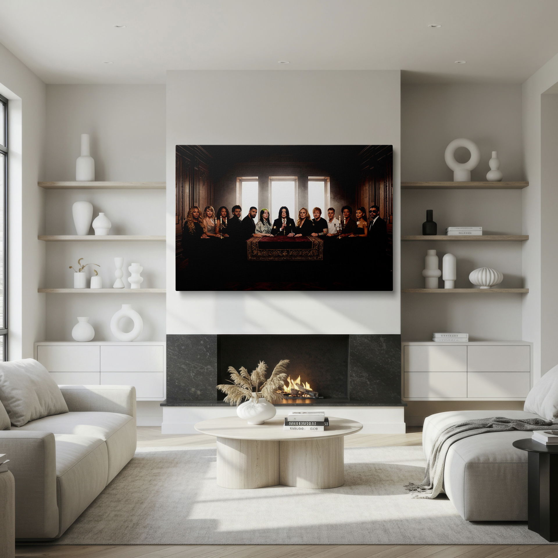 Striking Wrapped Canvas depicting music legends in a 'Last Supper' setting, perfect for adding intrigue to your wall.