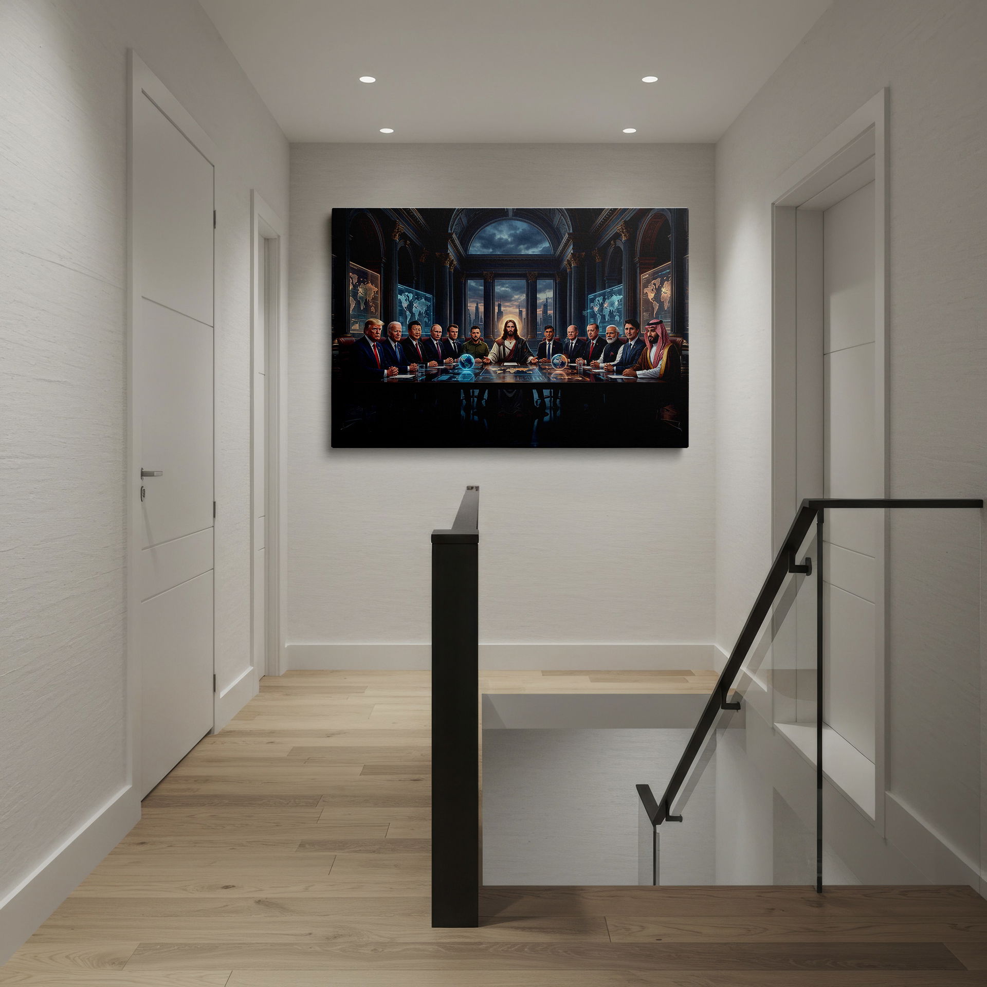 Wrapped Canvas showcasing world leaders and Jesus in a global summit.