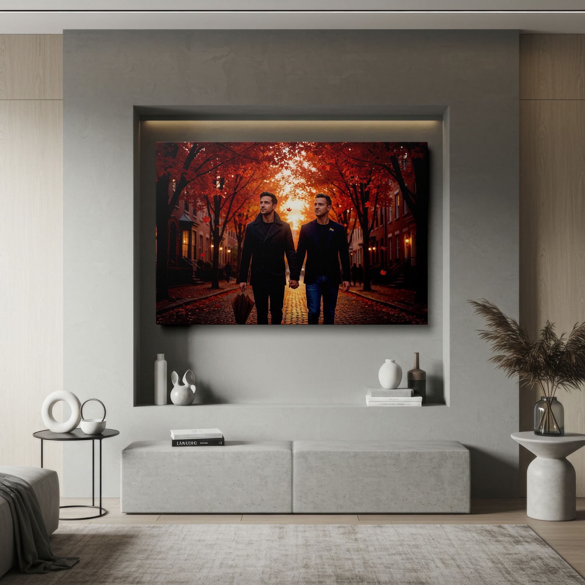 Capture a romantic stroll in autumn with this canvas wall art; lovely home decor.