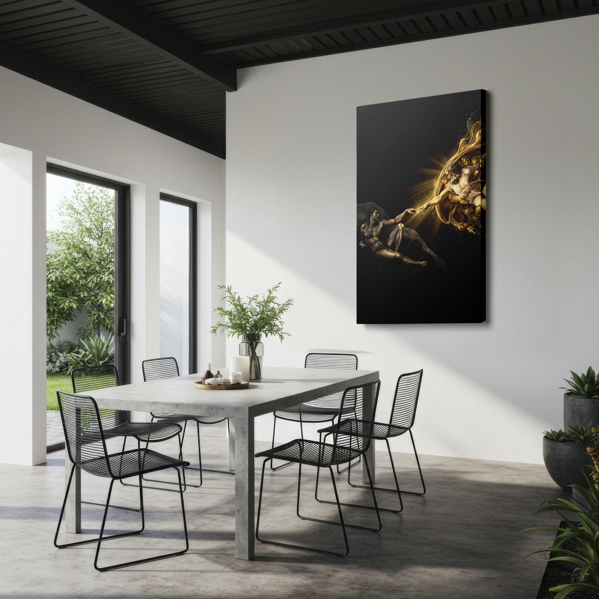 A Wrapped Canvas featuring Renaissance-style design; divine figures nearly touching under radiant gold light.