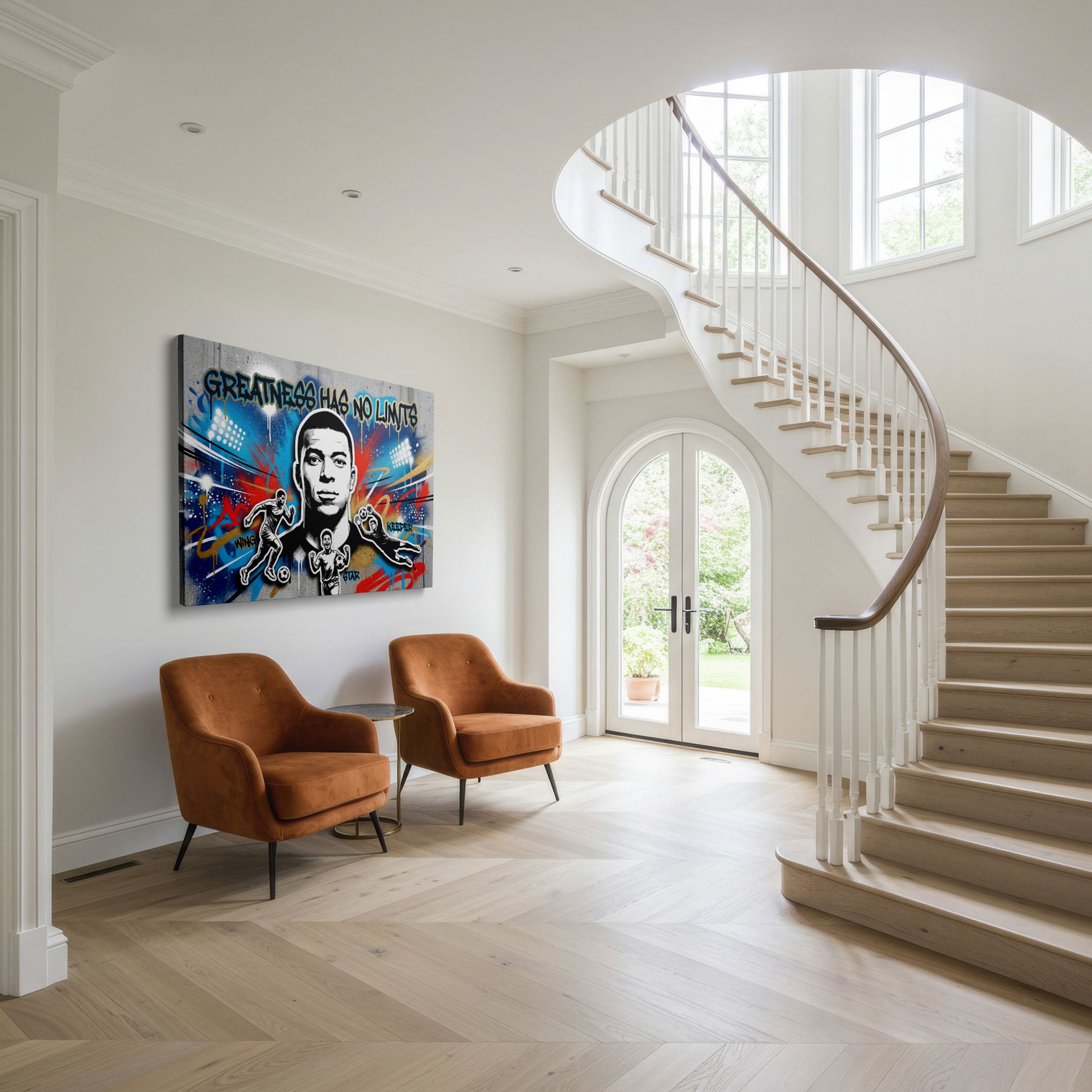 Artwork showcasing Mbappé with soccer players and graffiti design, perfect as a centerpiece wall art.