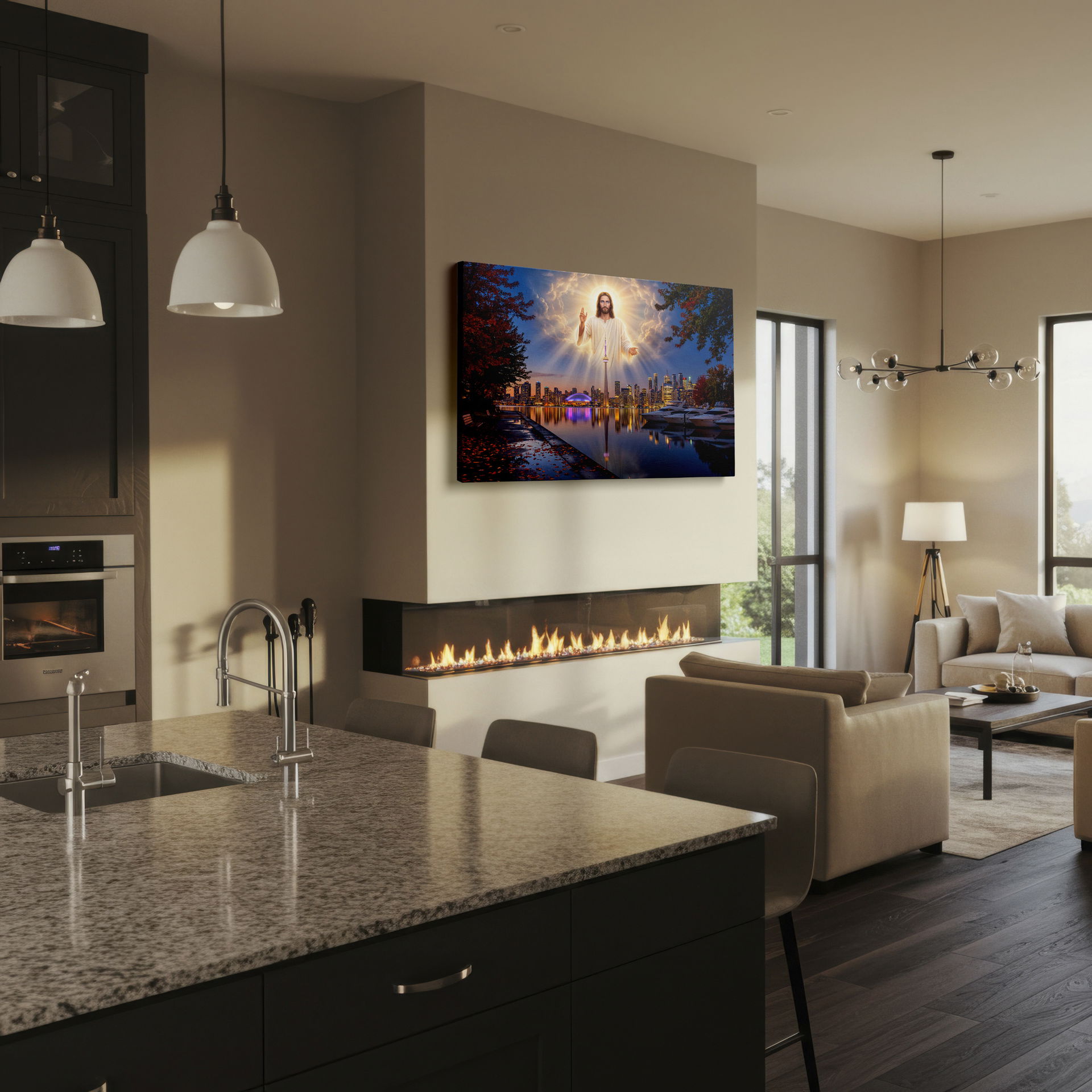 Wrapped Canvas print: Jesus watching over the Toronto skyline, a beautiful mix of faith and urban art.