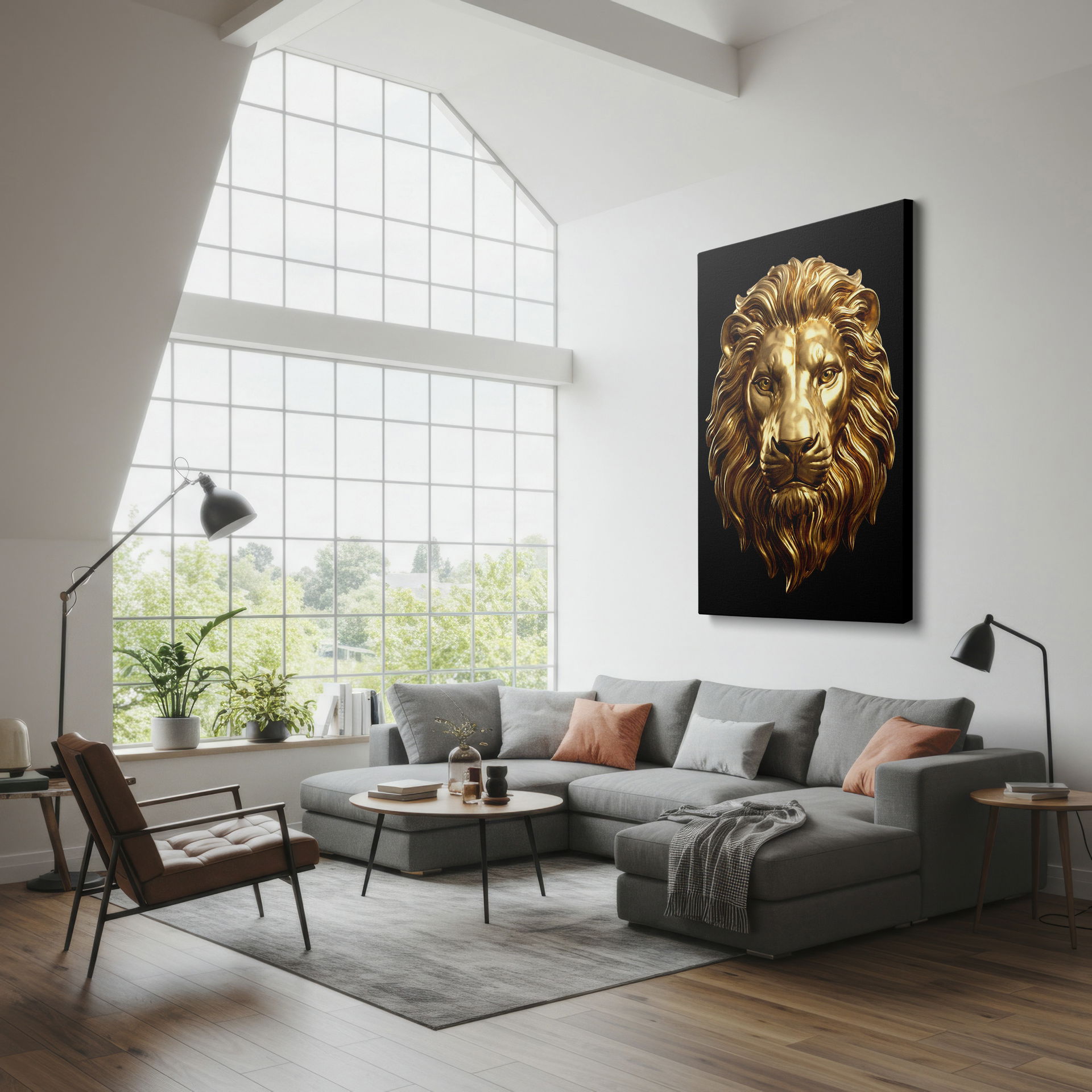 Dramatic wall art featuring a gilded lion's head, its intense gaze emanating strength, set on a black background.