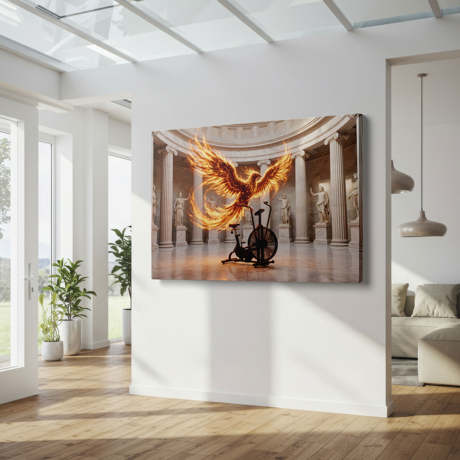 See the Phoenix rising above an exercise bike in a marble hall. Consider this powerful scene for your Wrapped Canvas.