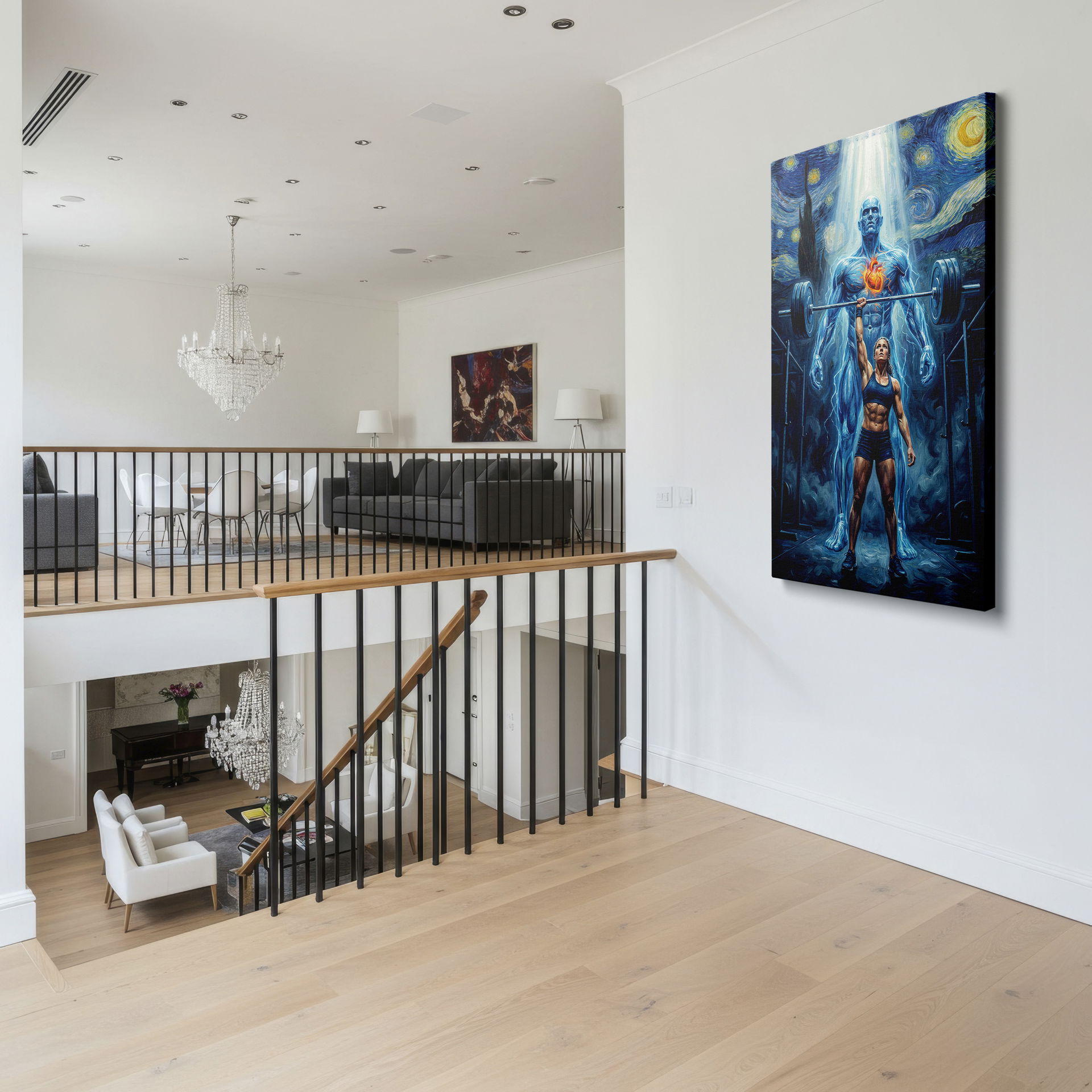 Visually captivating: weightlifter and ethereal guardian painted in Van Gogh style on Wrapped Canvas for your home.