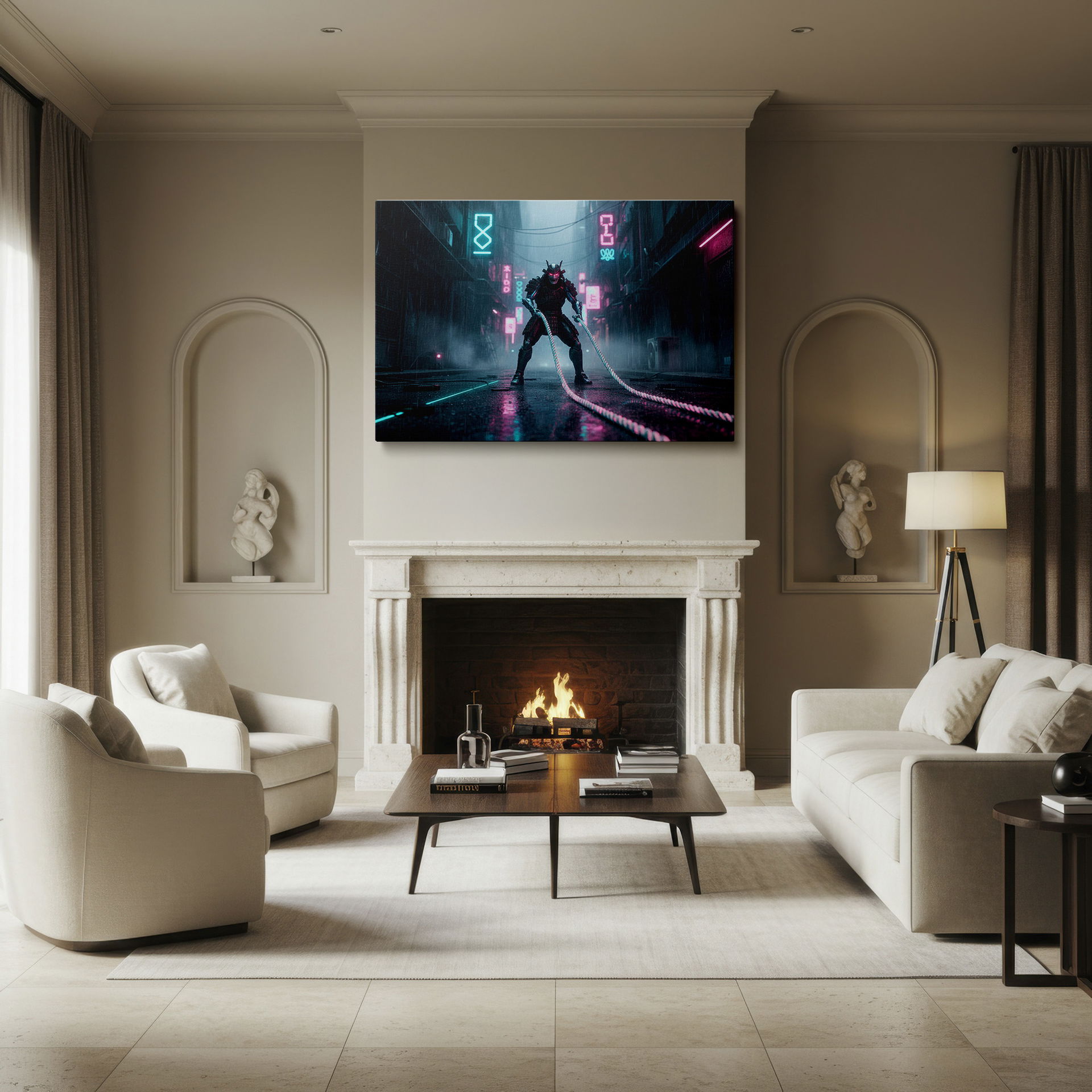 Neon-lit city scene with a samurai warrior, perfect as a modern and striking wall art piece.