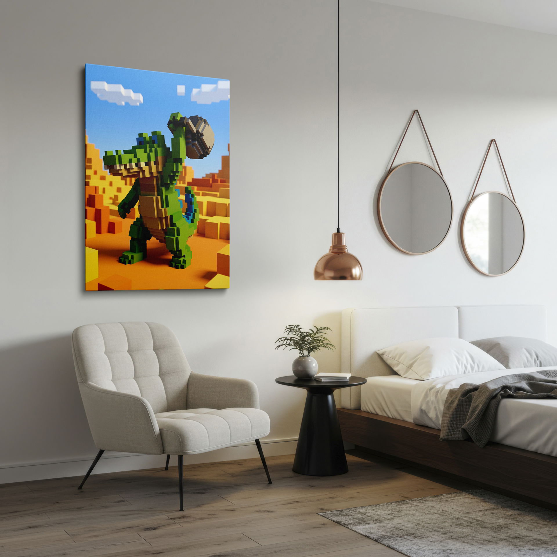 Digital art showing a voxel crocodile proudly holding a block, a fun piece of wall decor.