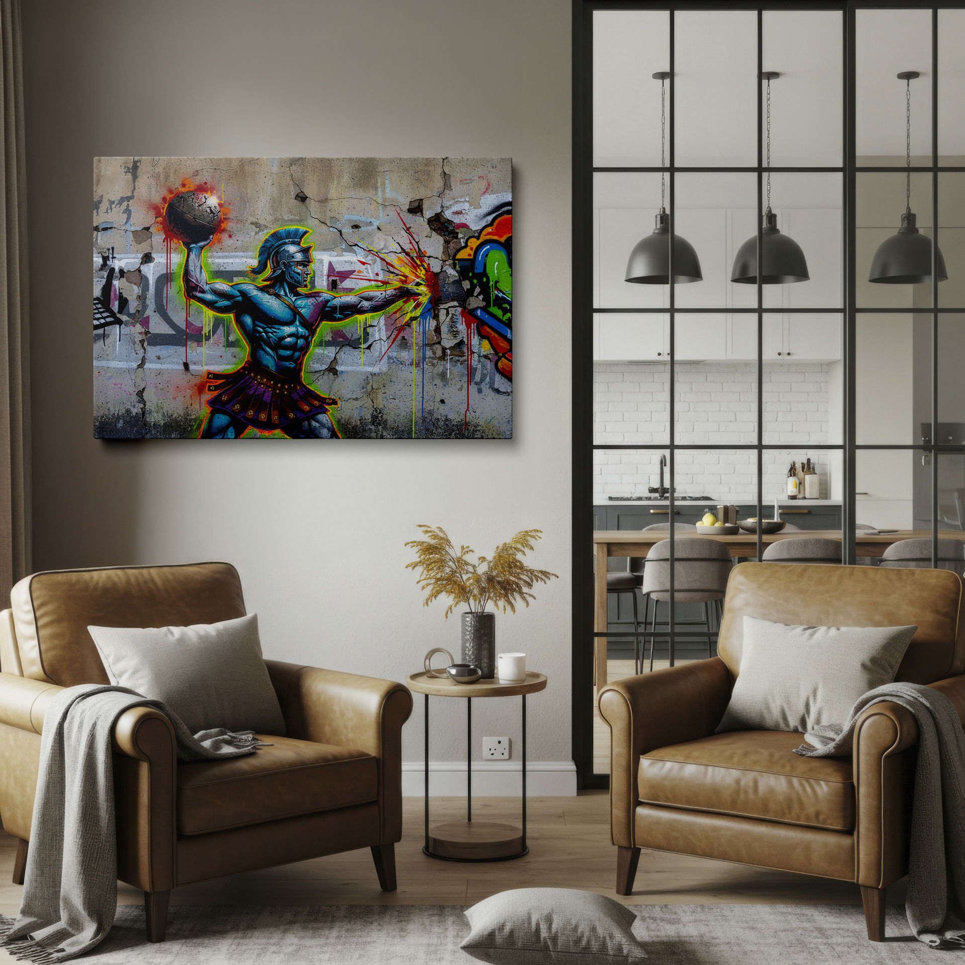 Wrapped Canvas: a blue warrior holds a fiery ball against a textured, graffiti covered wall.