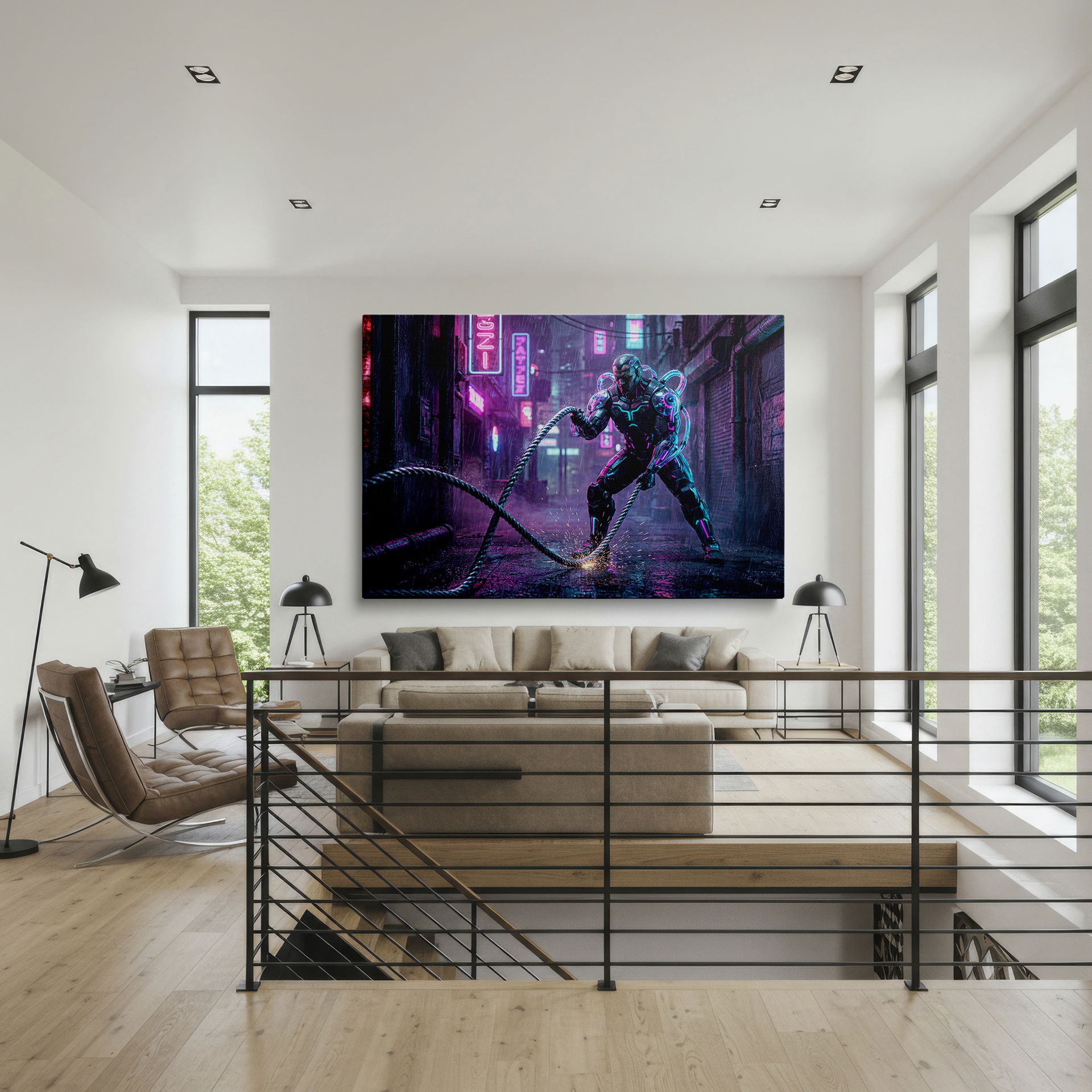 A futuristic athlete pulls a rope amidst neon signs and rain; a striking piece of wall decor.