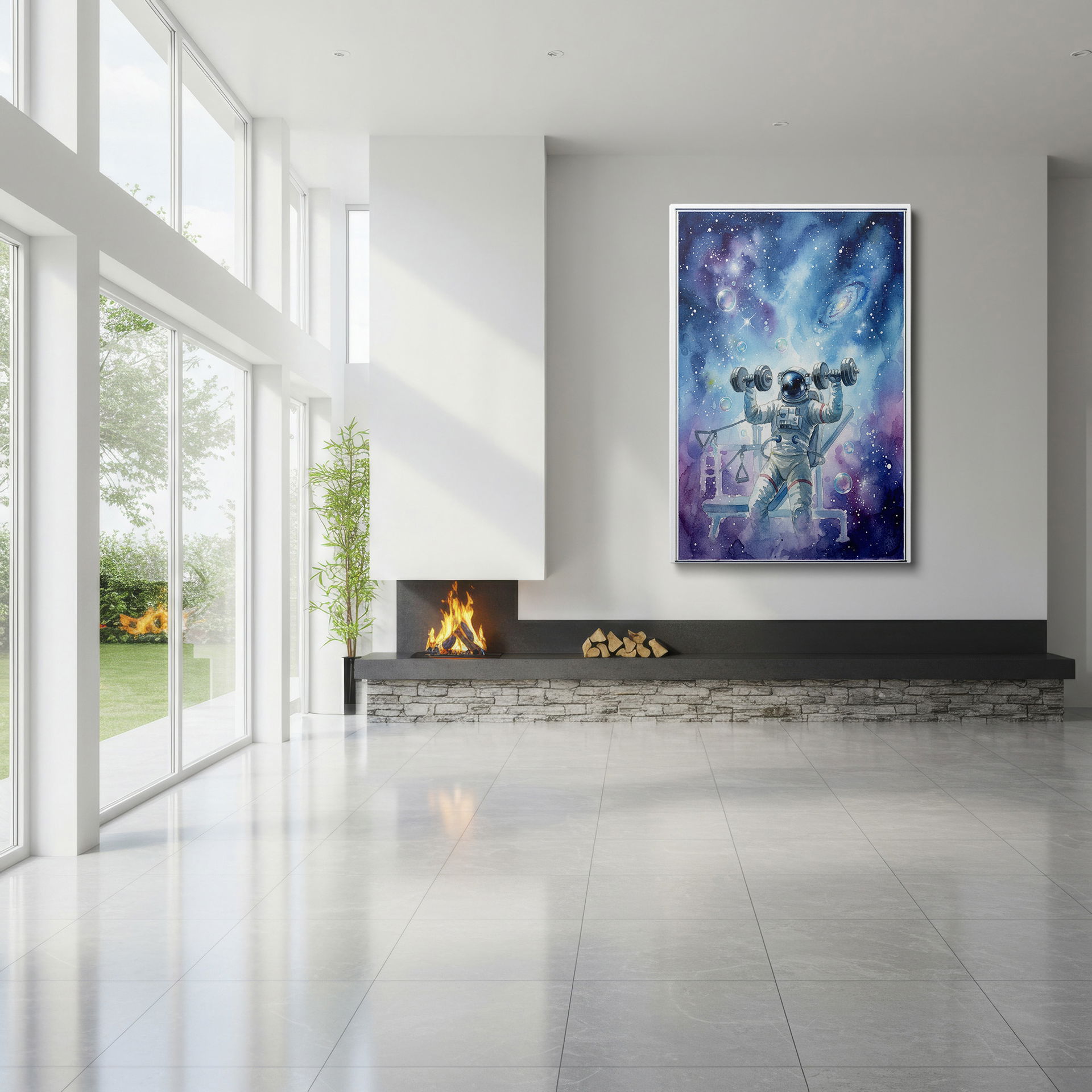 Depicted in this wall decor is an astronaut lifting weights with a stunning galaxy behind them.