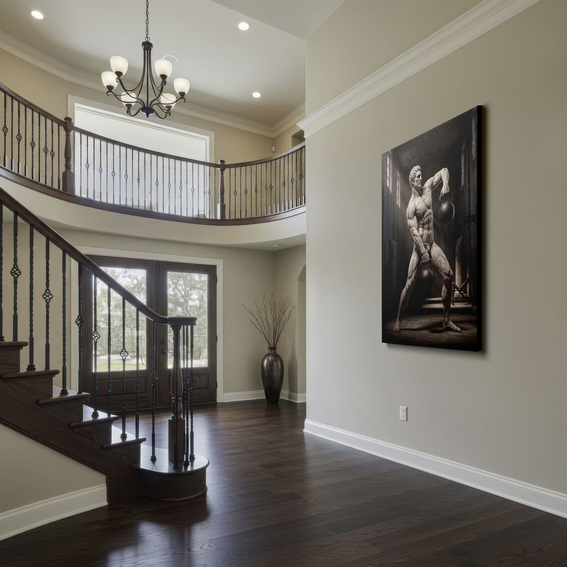 Classical sculpture of a weightlifter set against old architectural decor, now available as wall decor.