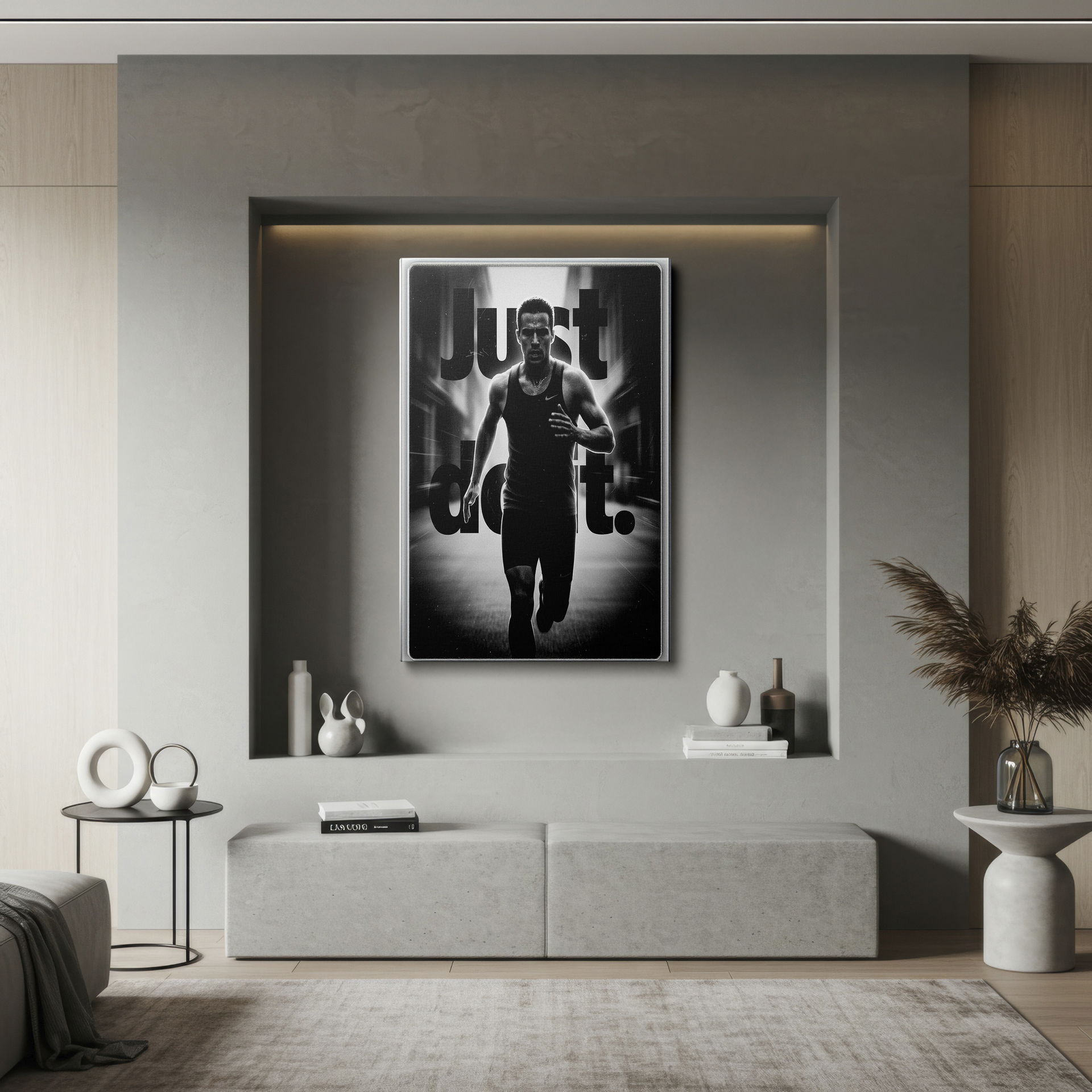 Striking black and white Wrapped Canvas of a runner, emblazoned with 'Just Do It.'