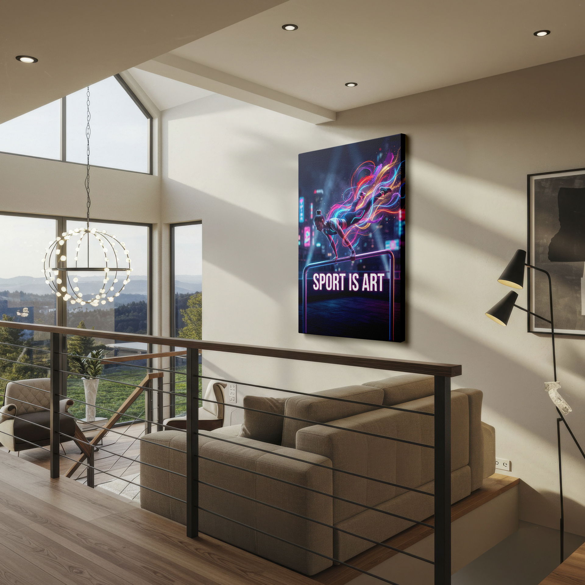 A 'Sport is Art' Wrapped Canvas shows gymnast, streaks of neon and city lights in the background.